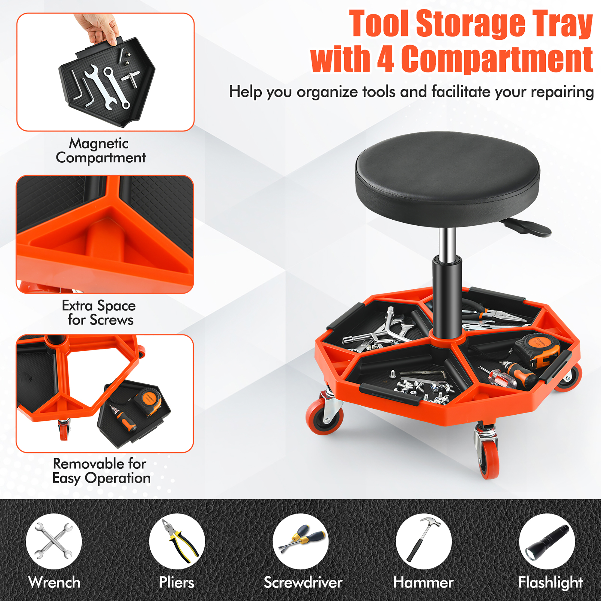 Costway Heavy-Duty Adjustable Height Rolling Stool withTool Tray Storage 330 LBS Capacity