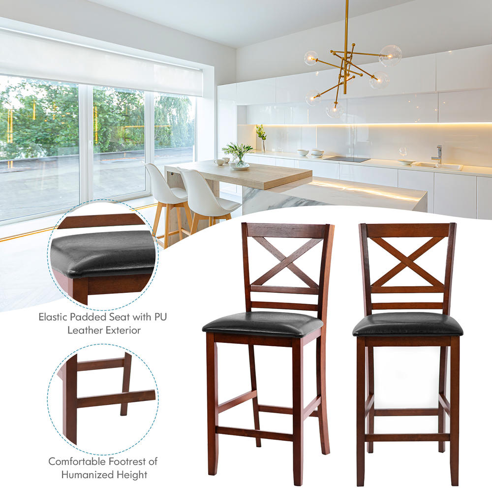 Costway Set of 4 Bar Stools 25'' Counter Height Chairs w/ PU Leather Seat Walnut