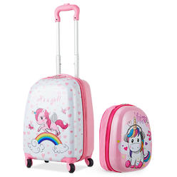Costway 2 Pcs Kids Luggage Set 12” Backpack & 16” Kid Carry On Suitcase for Boys Girls Pink