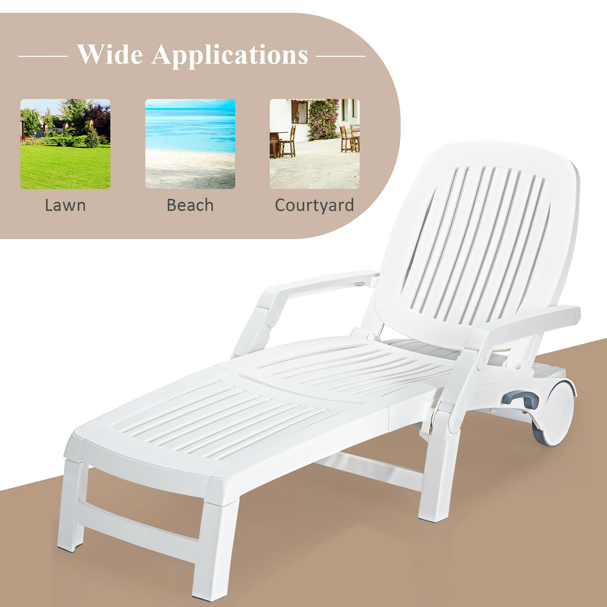 Costway Patio Lounge Chair Chaise Adjust Recliner Weather Resistant Wheel