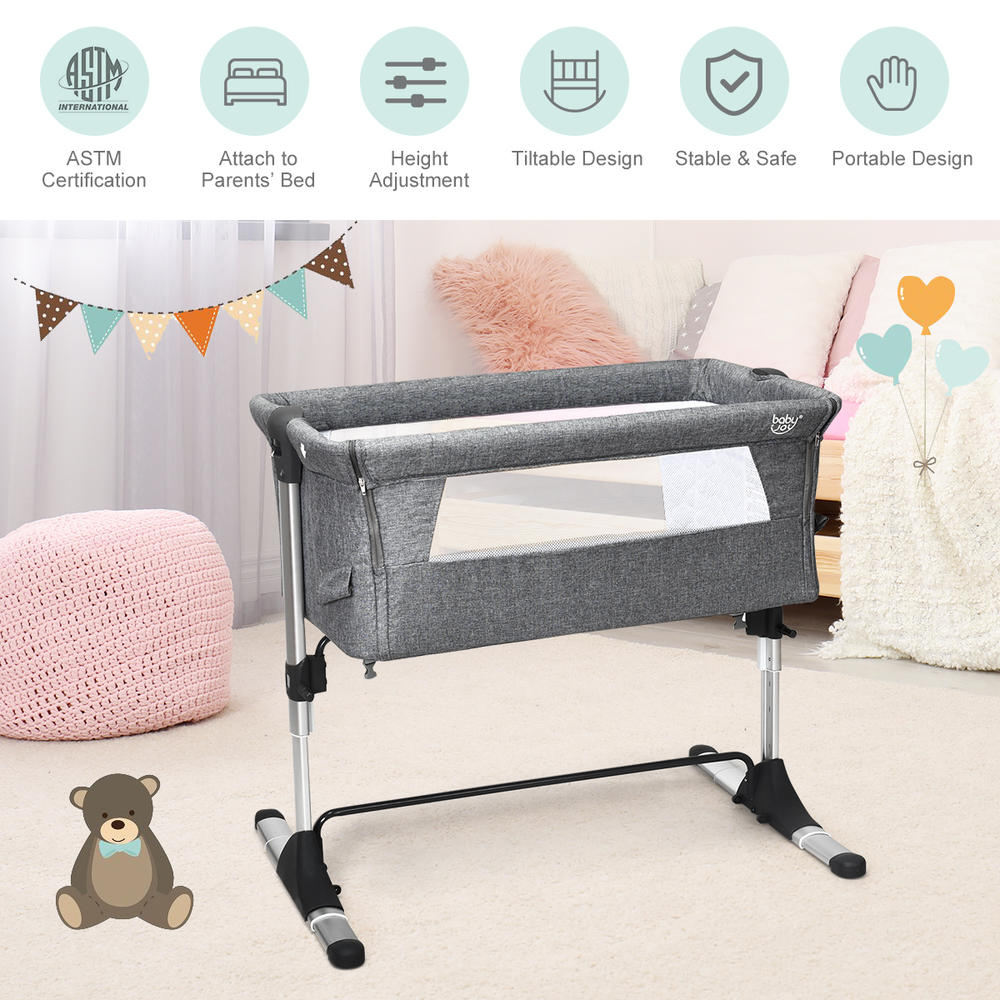 Costway Baby joy Portable Baby Bed Side Sleeper Infant Travel 10° Inclined Bassinet Crib W/Carrying Bag Grey