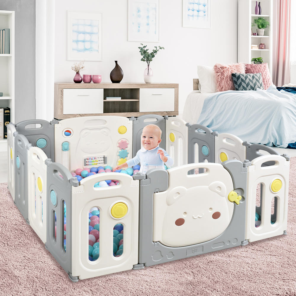 Costway 14-Panel Foldable Baby Playpen Kids Safety Yard Activity Center w/ Storage Bag Gray