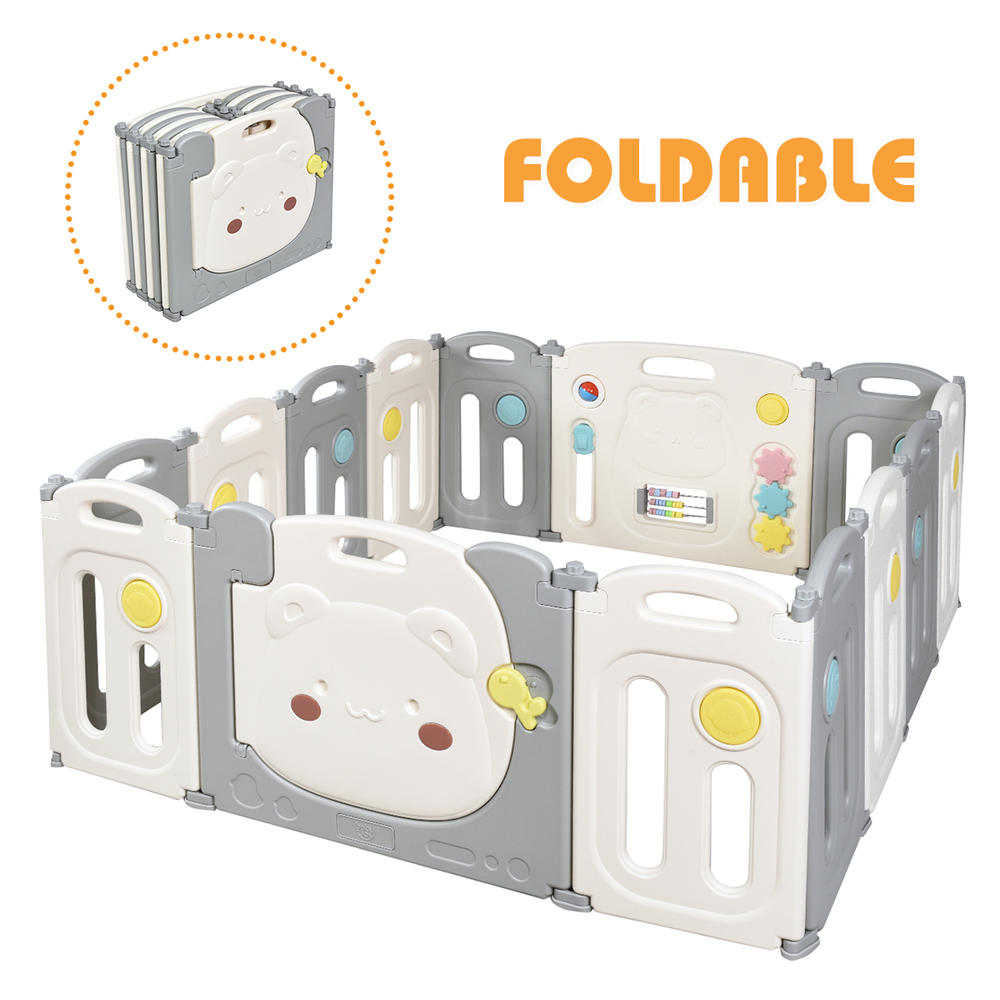 Costway 14-Panel Foldable Baby Playpen Kids Safety Yard Activity Center w/ Storage Bag Gray