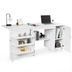 Costway Folding Sewing Table Shelves Storage Cabinet Craft Cart W/Wheels Large White