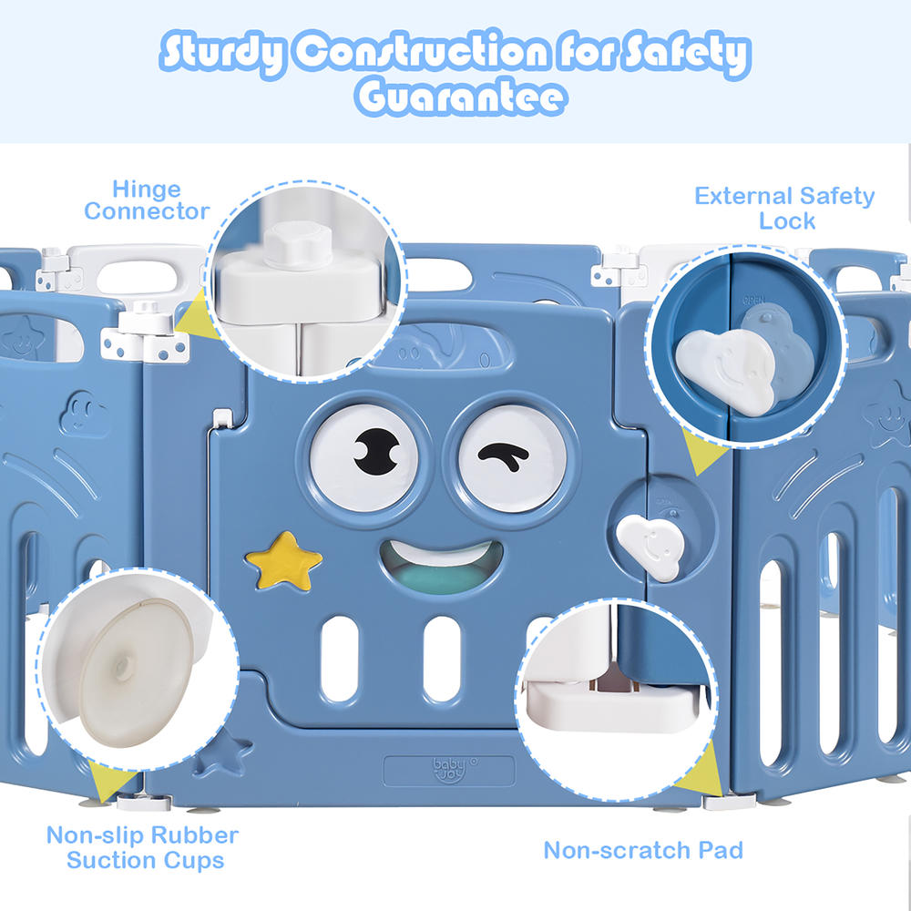 Costway 14-Panel Foldable unisex Baby Playpen Kids Activity Centre Lock Door Rubber Bases Blue