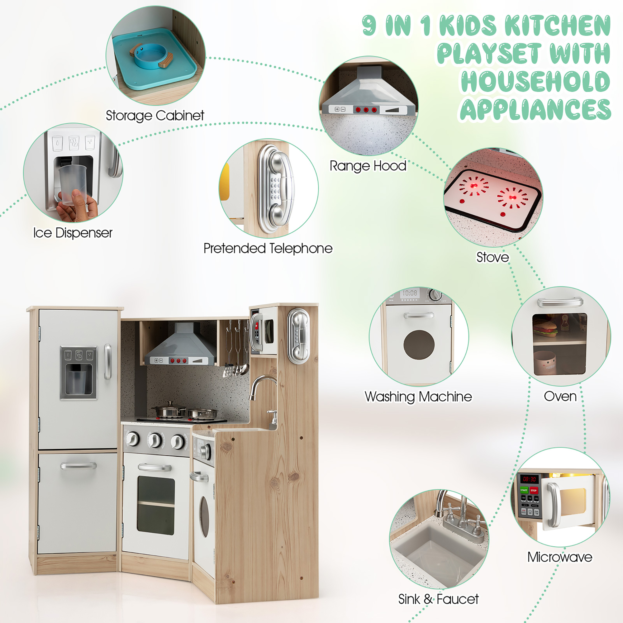 Costway Kids Corner Wooden Kitchen Playset Pretend Cooking Toy w/ Cookware Accessories