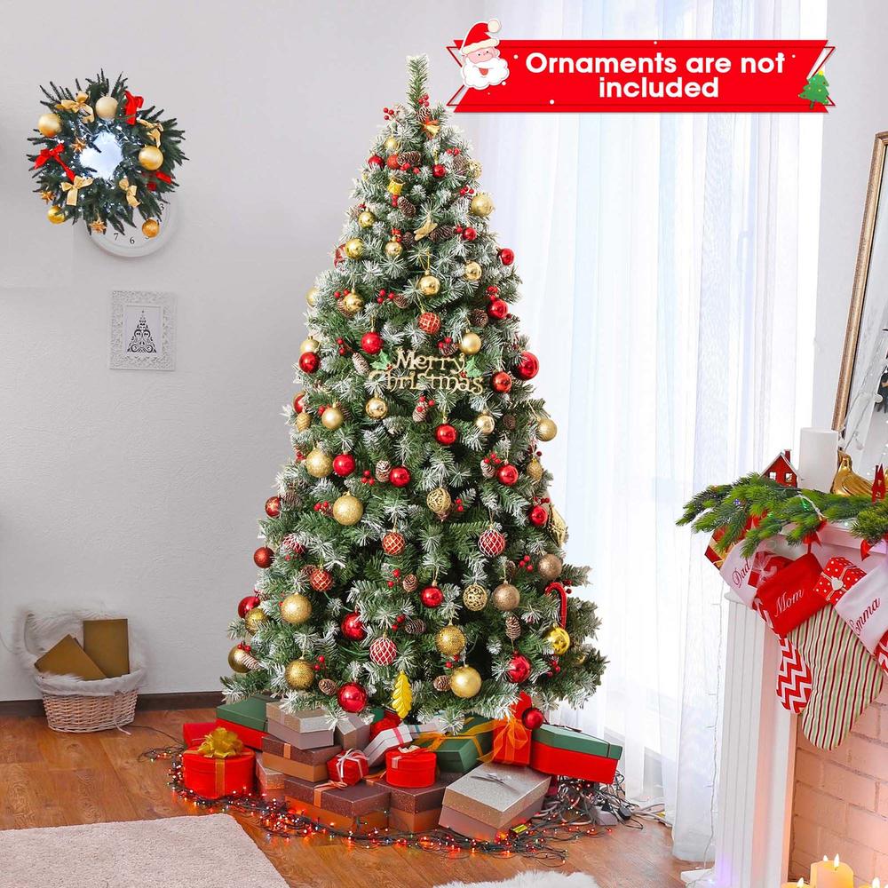 Costway 5FT/6.5FT/7.5FT Artificial Christmas Tree Hinged with 200/420/560/650 Warm LED Lights & 126/207/267/309 Red Berries