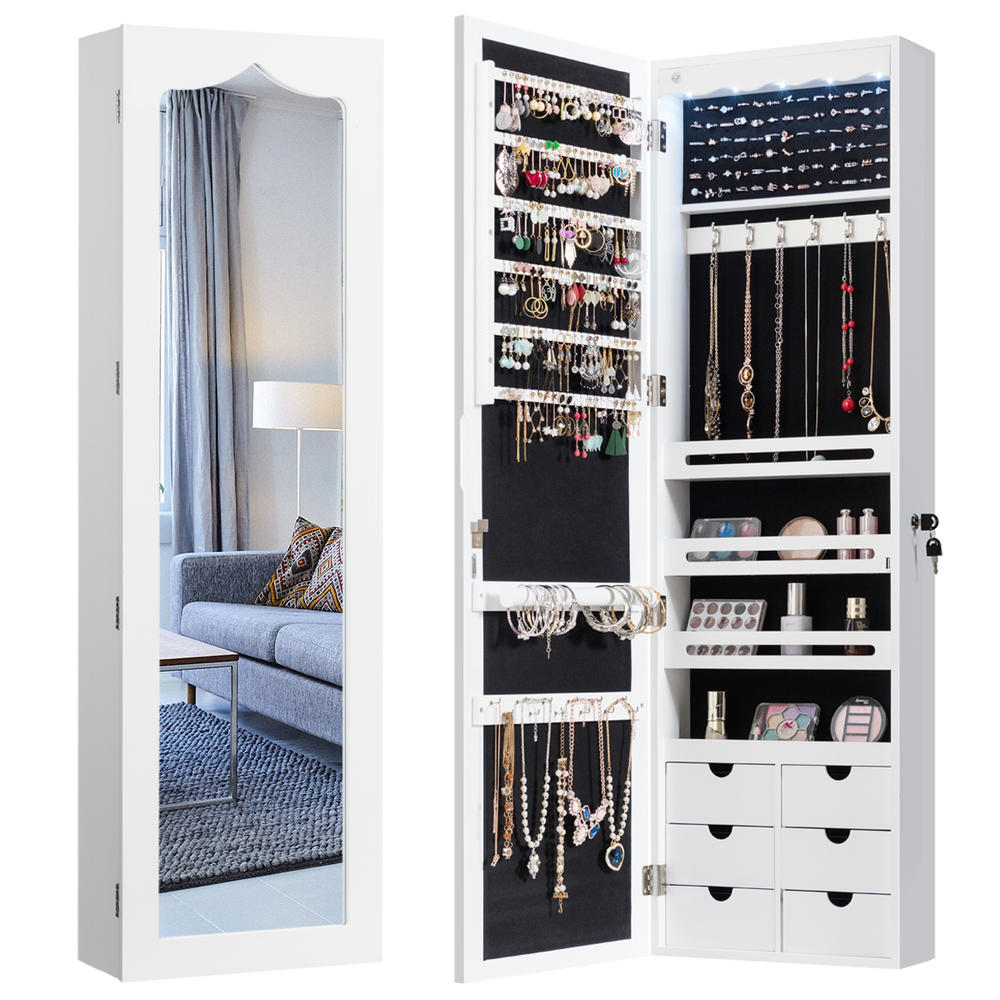 Costway Wall Door Mounted LED Mirror Jewelry Cabinet Lockable Armoire w/6 Drawers White