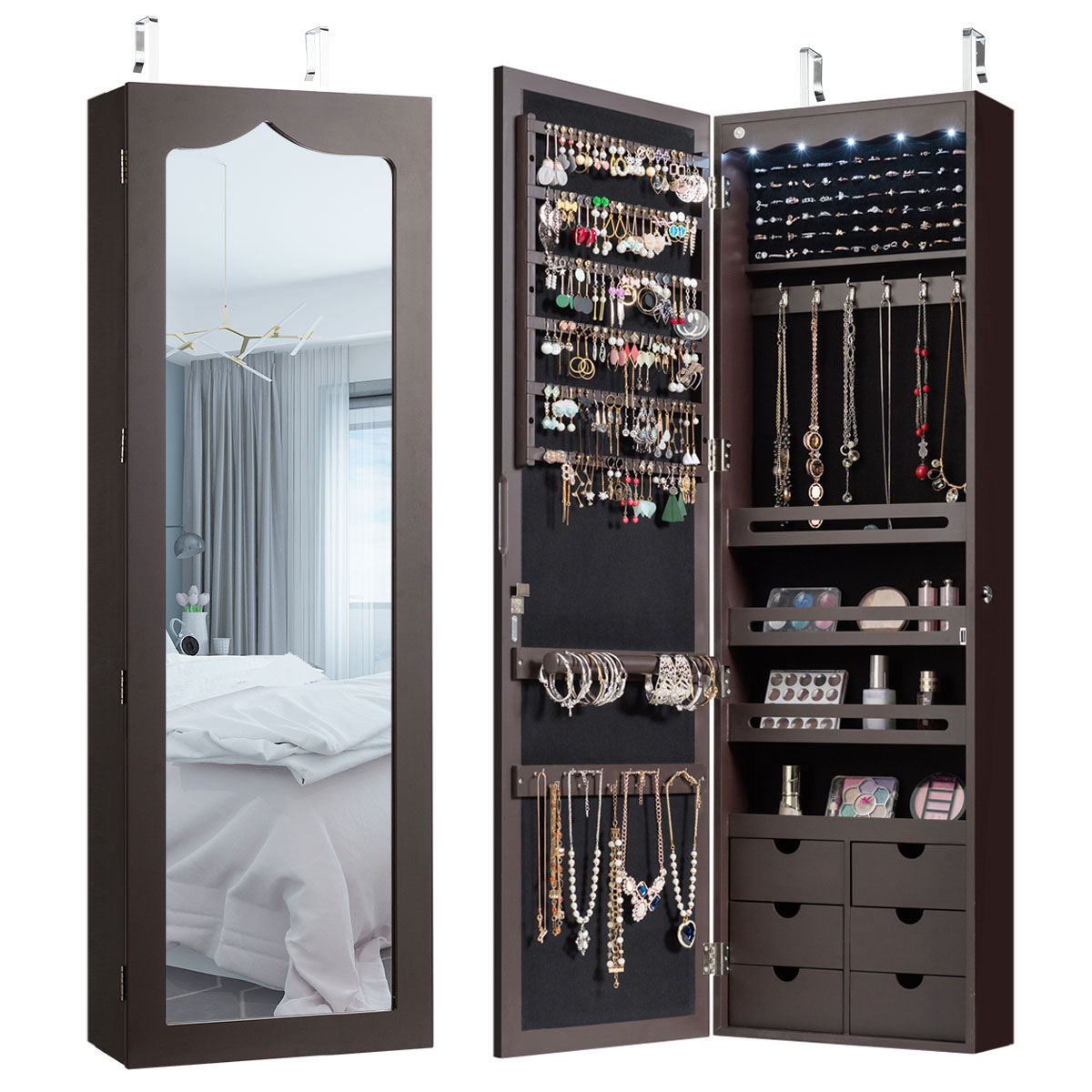 Costway Wall Door Mounted LED Mirror Jewelry Cabinet Lockable Armoire w/ 6 Drawers Brown