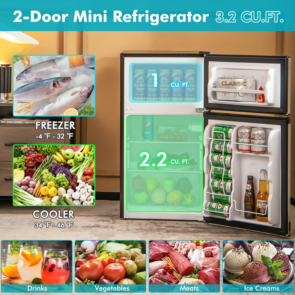 Costway 3.2 Cu.Ft Mini Refrigerator with  Freezer Compact Fridge with  2 Reversible Door