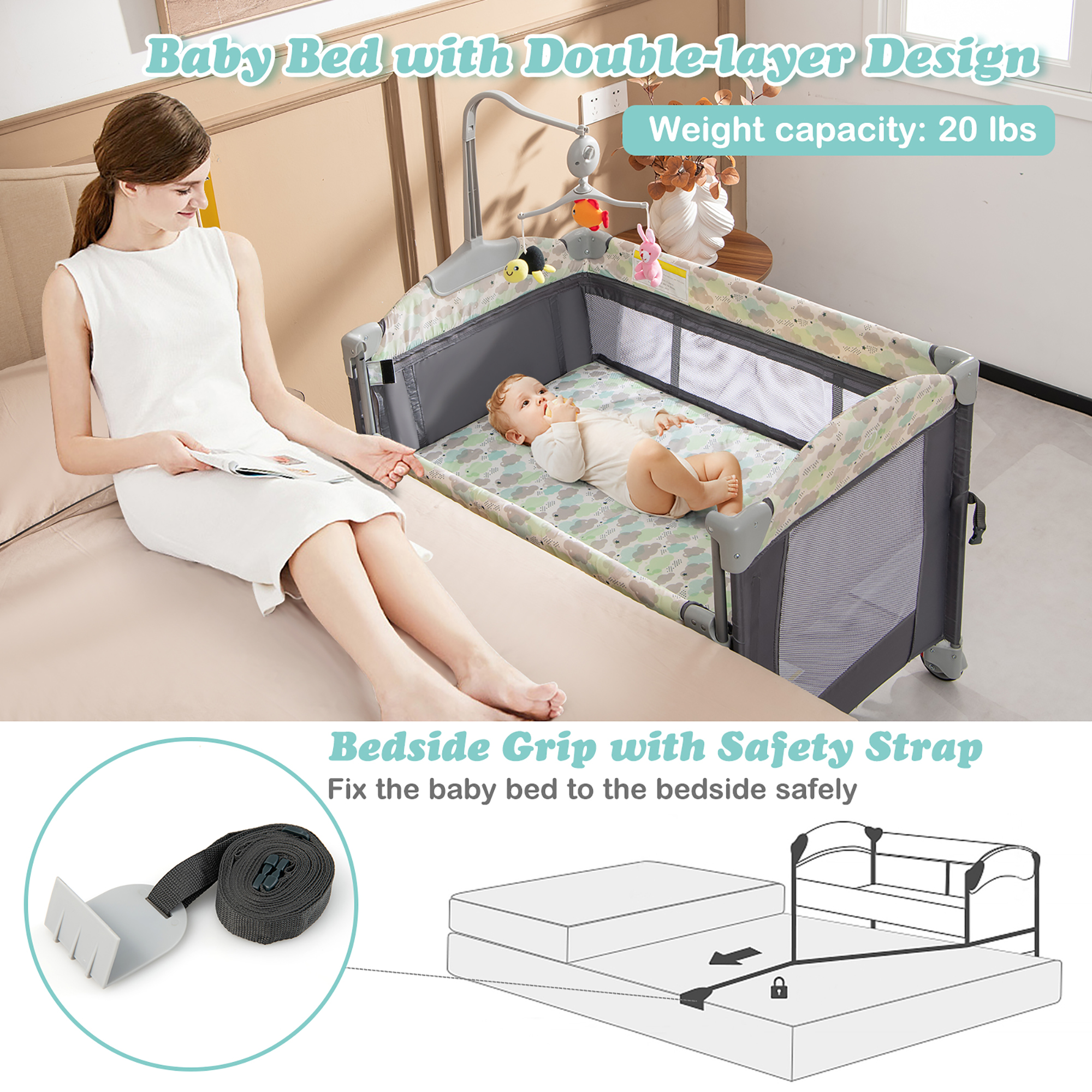 Costway 5-in-1 Baby Beside Sleeper Bassinet Portable Crib Playard w/Diaper Changer Gray