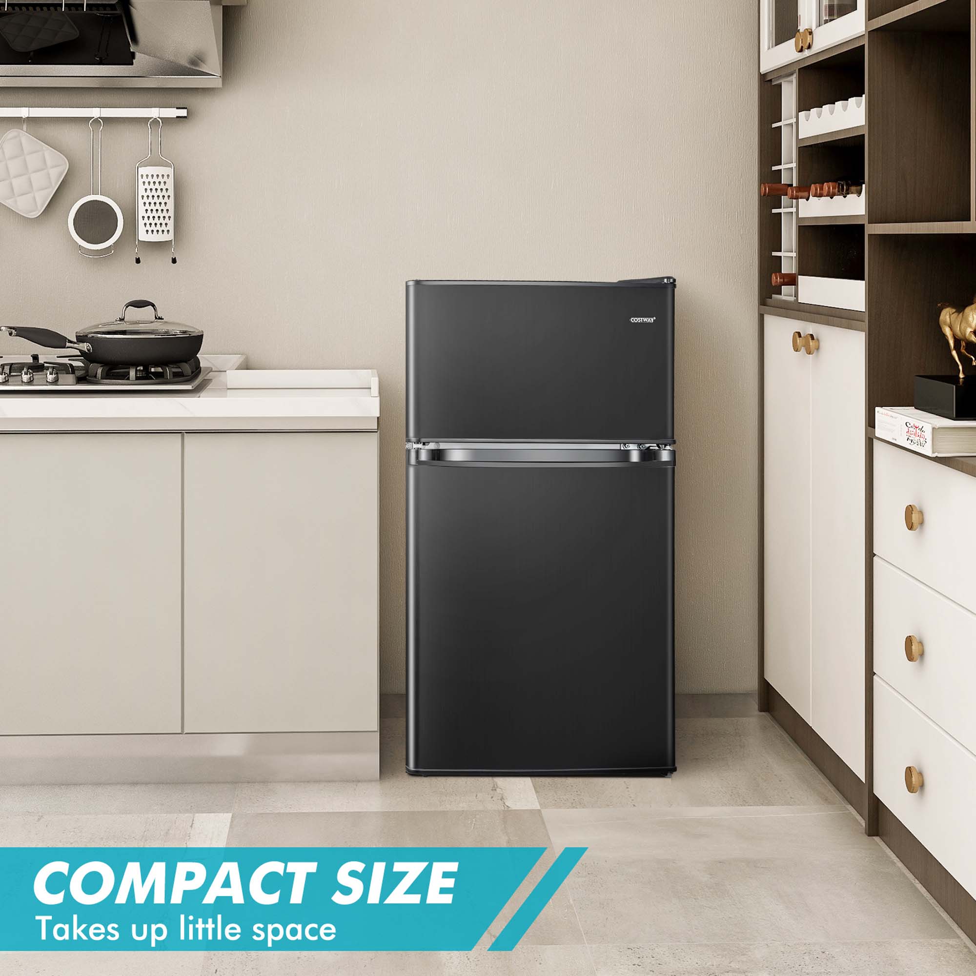 Costway 3.2 Cu.Ft Mini Refrigerator with Freezer Compact Fridge with 2 Reversible Door Black