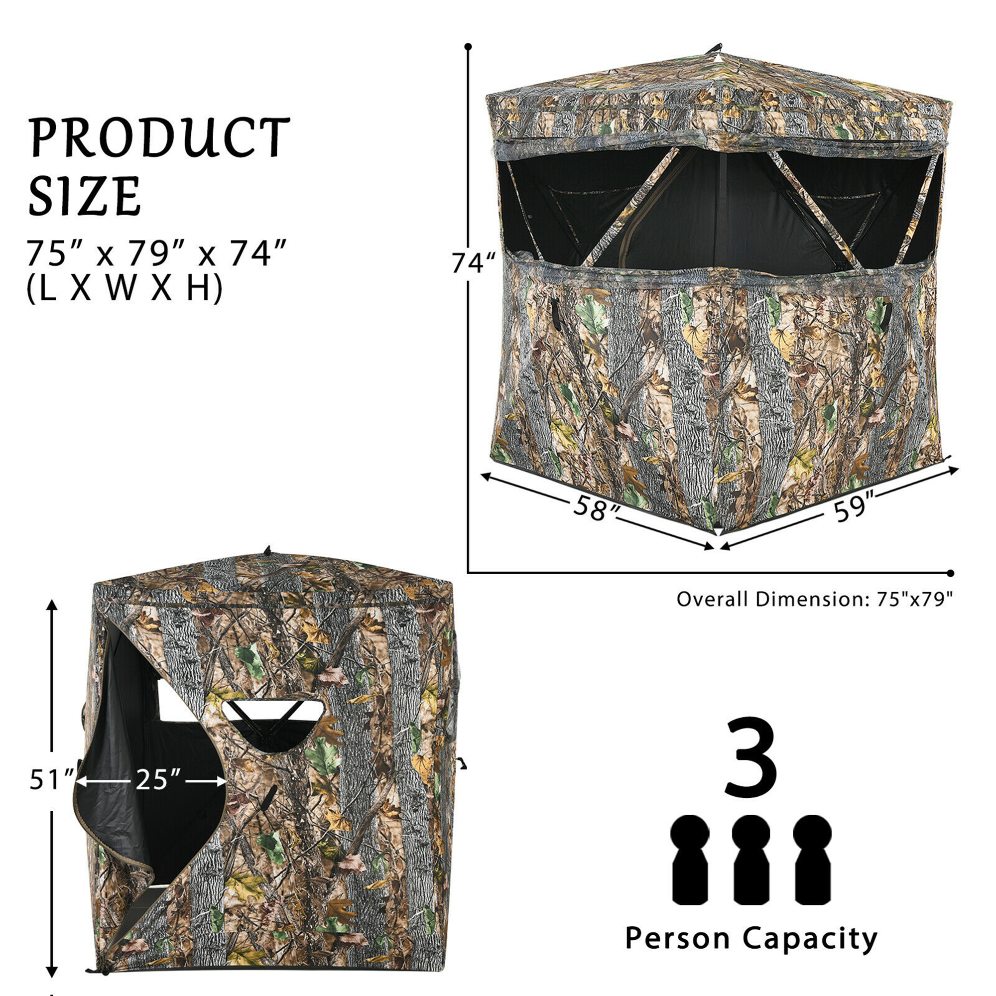Costway 3 Person Portable Hunting Blind Surround View Pop-Up Tent w/ Slide Mesh Window