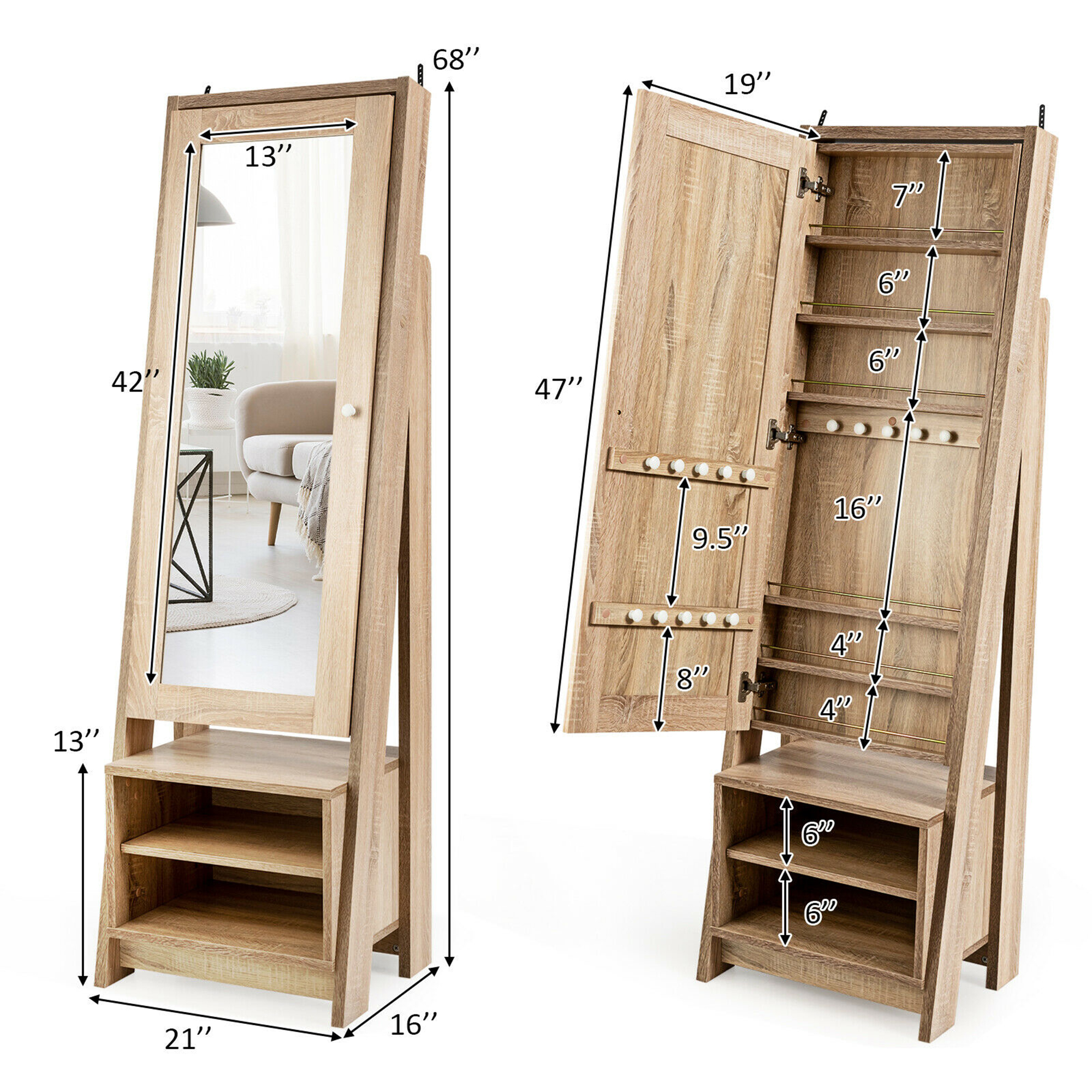 Costway Jewelry Cabinet Large Full Length Armoire 2-in-1 Stand Mirror Organizer