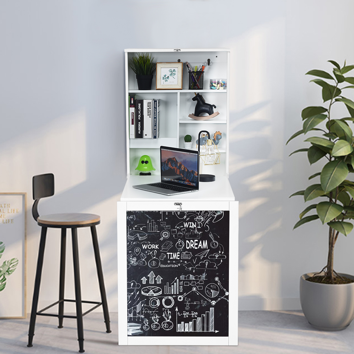Costway Wall Mounted Table Fold Out Convertible Desk with A Blackboard/Chalkboard White