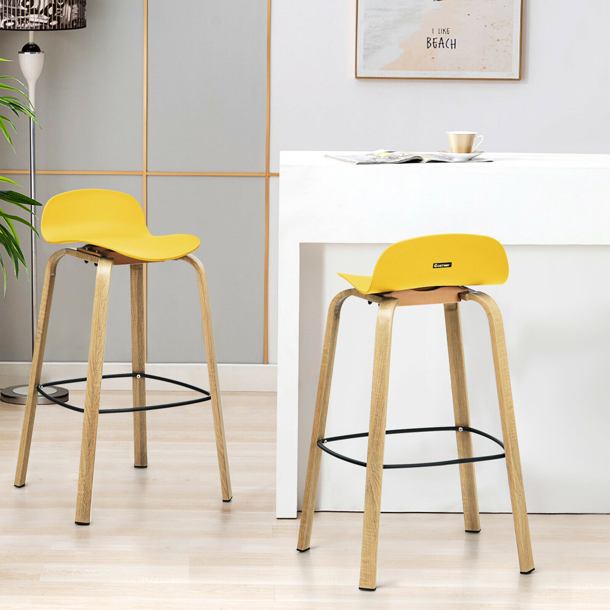 Costway Modern Set of 4 Barstools 30inch Pub Chairs w/Low Back & Metal Legs Yellow