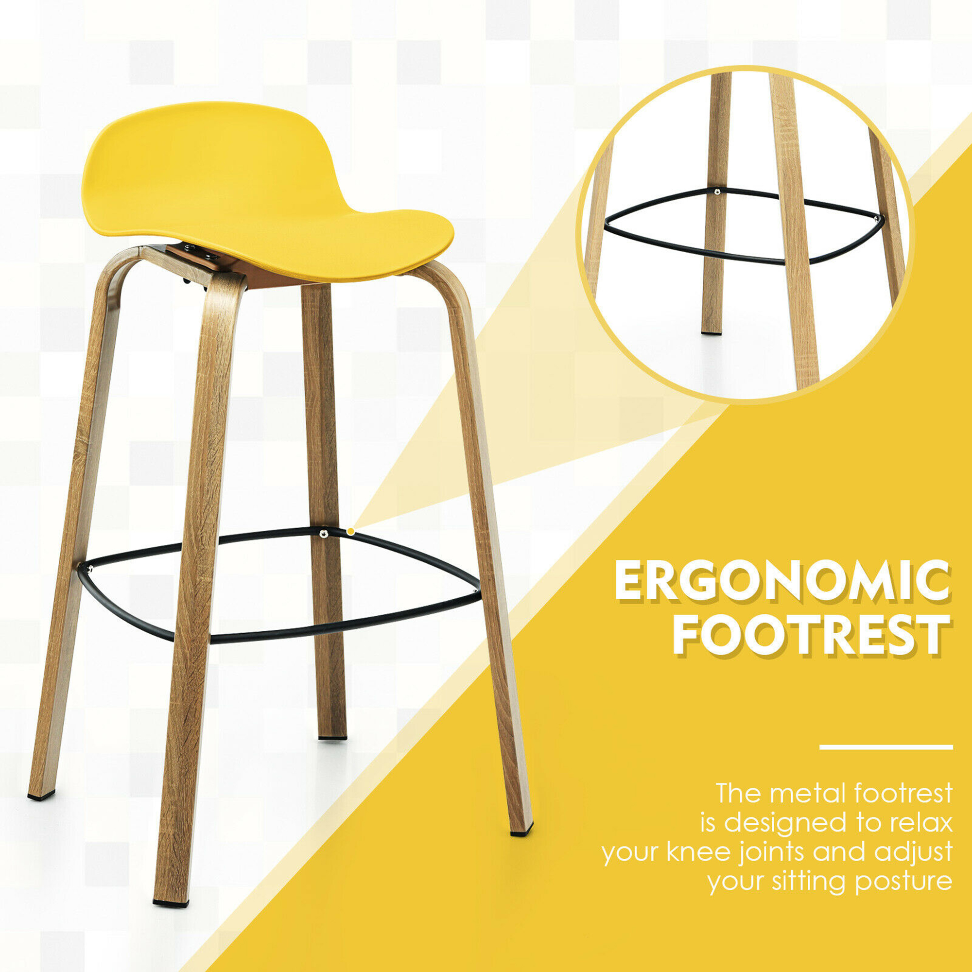 Costway Modern Set of 4 Barstools 30inch Pub Chairs w/Low Back & Metal Legs Yellow