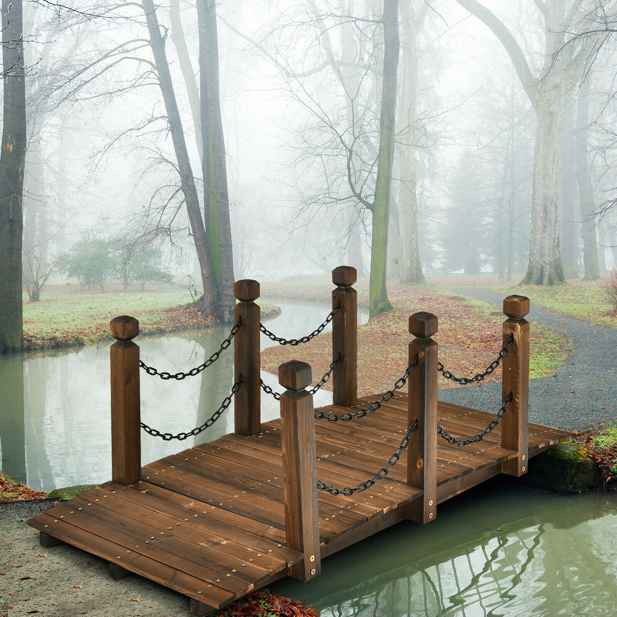 Costway 5 ft Wooden Garden Bridge Arc Footbridge Stained Finish Walkway w/Rails