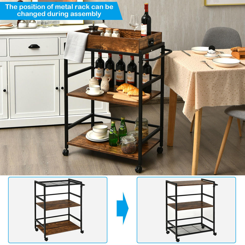 Costway 3-Tier Rolling Bar Cart Kitchen Serving Cart w/ Removable Tray & Handle