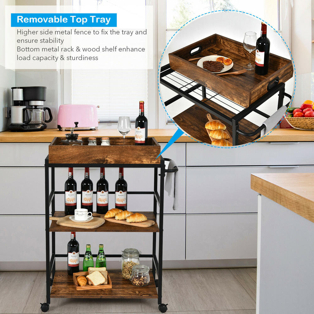 Costway 3-Tier Rolling Bar Cart Kitchen Serving Cart w/ Removable Tray & Handle