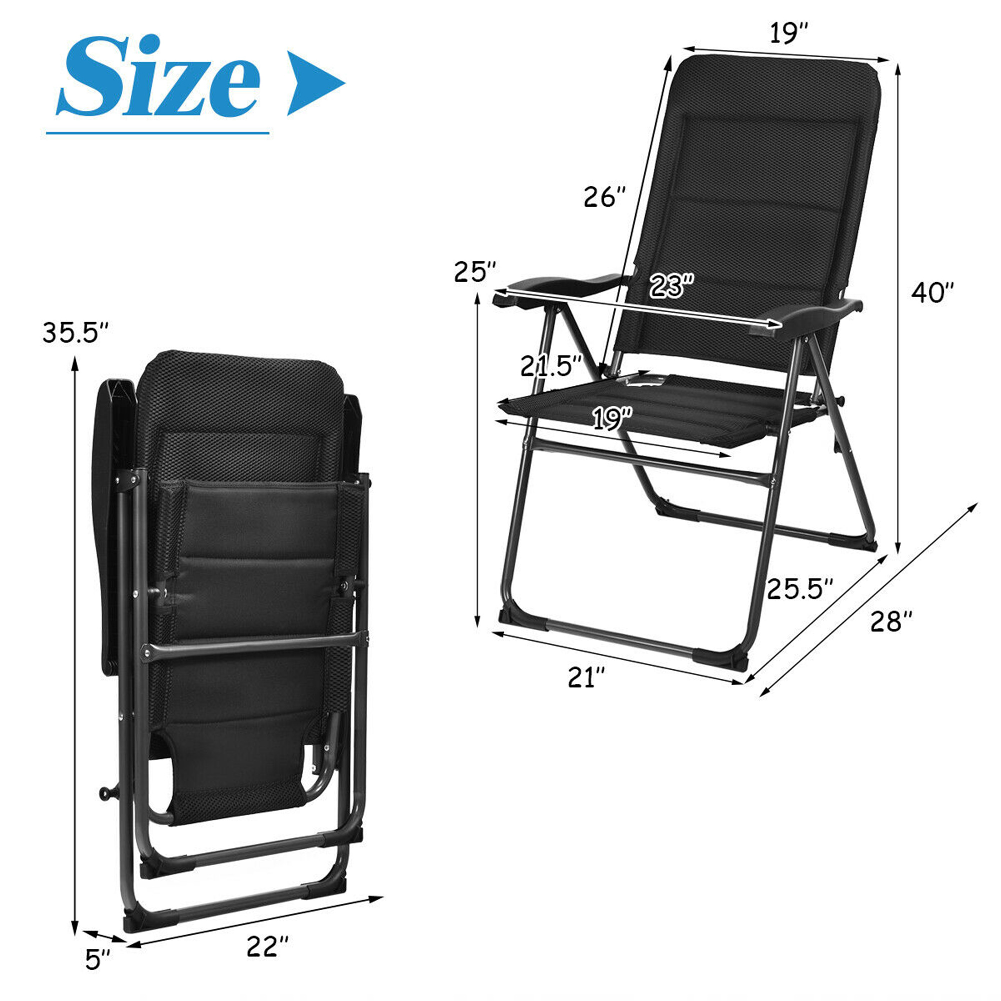 Costway 2PCS Patio Folding Chairs Back Adjustable Reclining Padded Garden Furniture