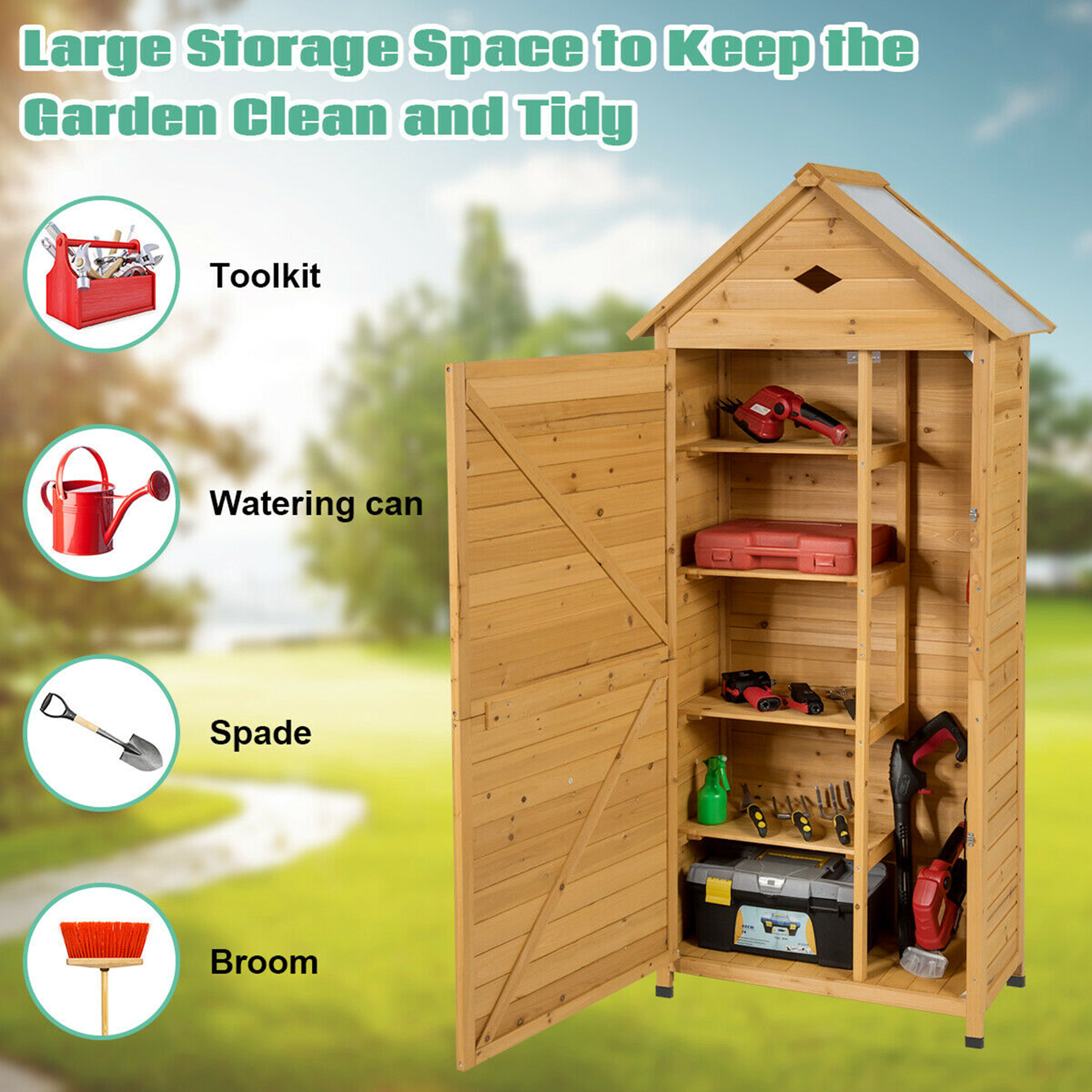 Costway Outdoor Storage Shed Lockable Wooden Garden Tool Storage Cabinet W/ Shelves
