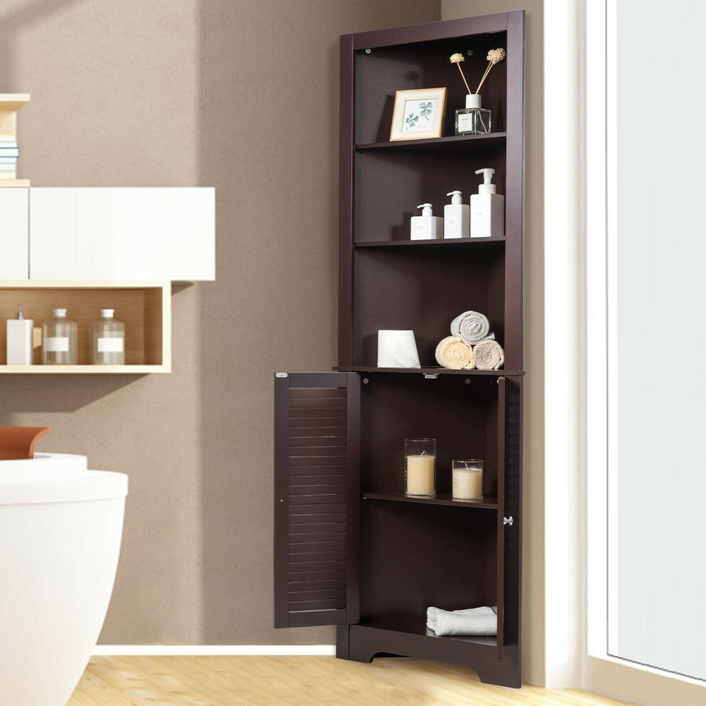 Costway Bathroom Corner Storage Cabinet Free Standing Tall Bathroom Cabinet W/3 Shelves