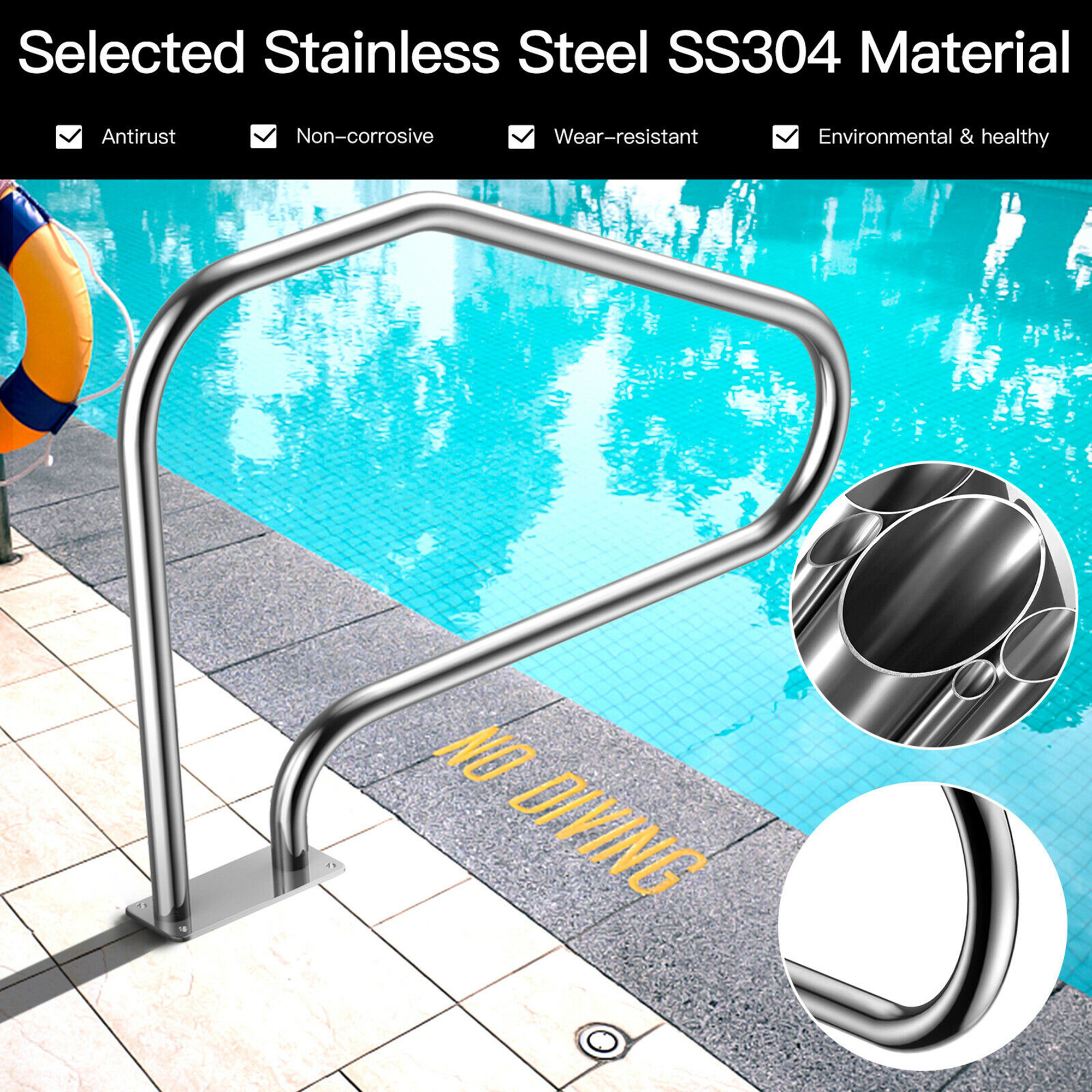 Costway Pair of Swimming Pool Hand Rail 49'' Stainless Steel Pool Stair Rail w/Base Plate