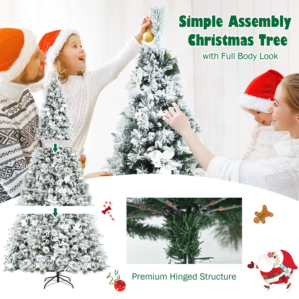 Costway 5ft/6ft/7ft/8ft Snow Flocked Hinged Christmas Tree w/ Berries & Poinsettia Flowers
