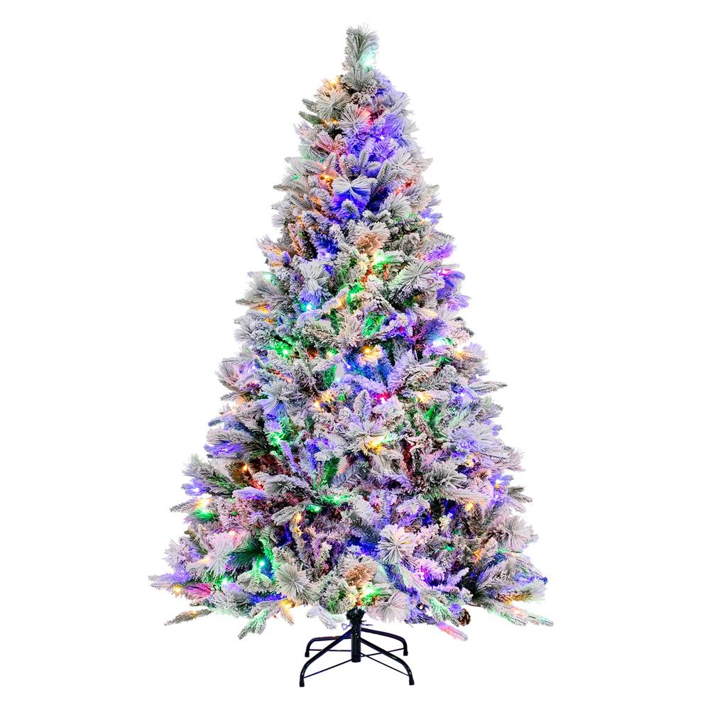 Costway 4.5 FT/6FT/7ft Pre-Lit Snow Flocked Christmas Tree Hinged Xmas Tree with8 Modes 160/240/320 Lights