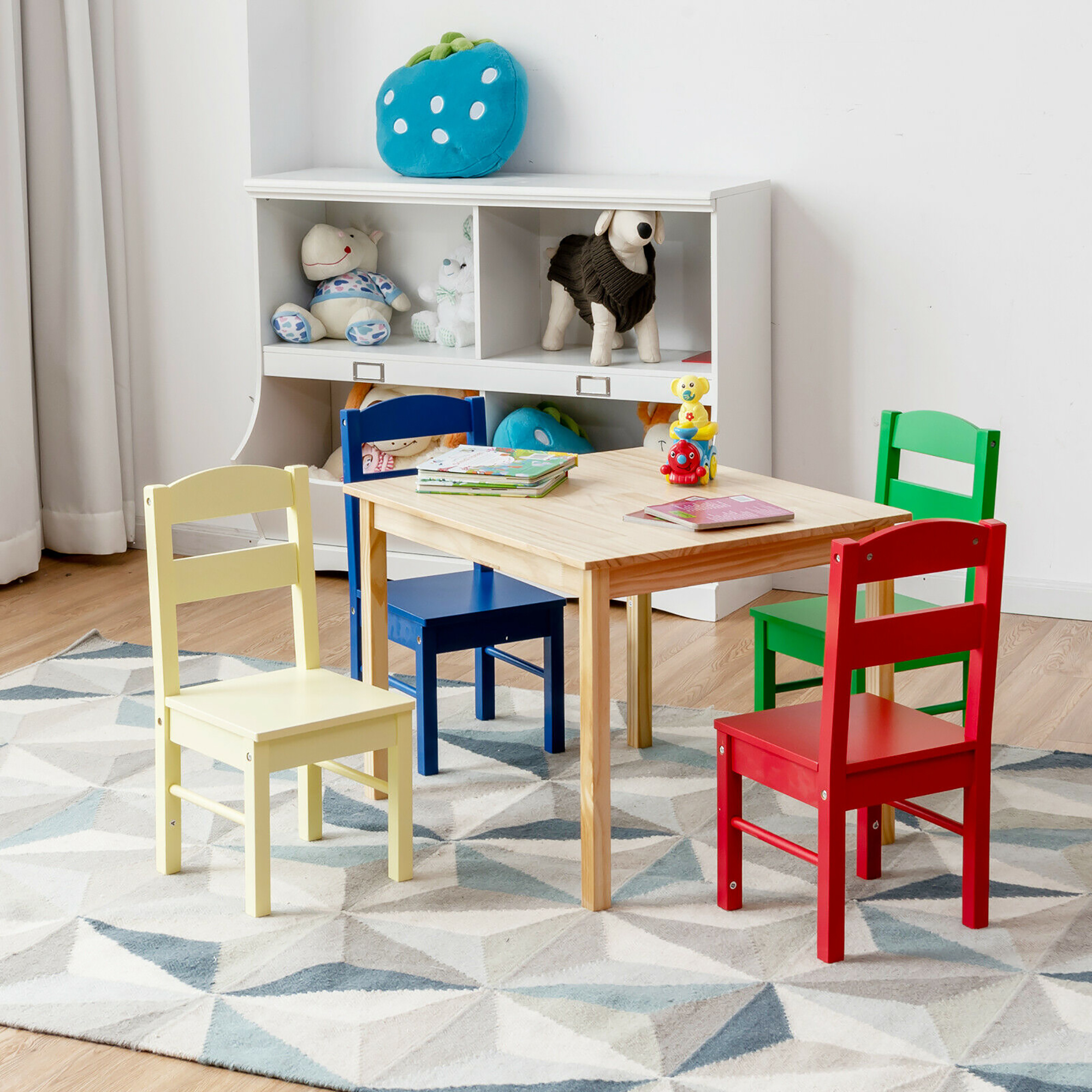 Costway Kids 5 Piece Table Chair Set Pine Wood Multicolor Children Play Room Furniture