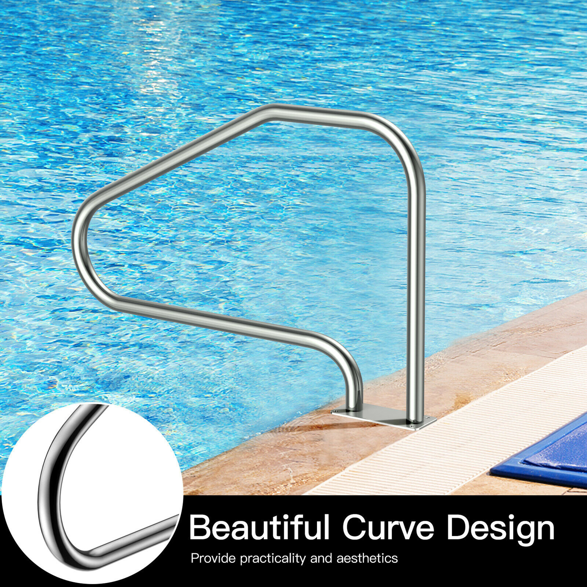 Costway Swimming Pool Hand Rail 49'' Stainless Steel Mounted Pool Stair Rail w/Base Plate