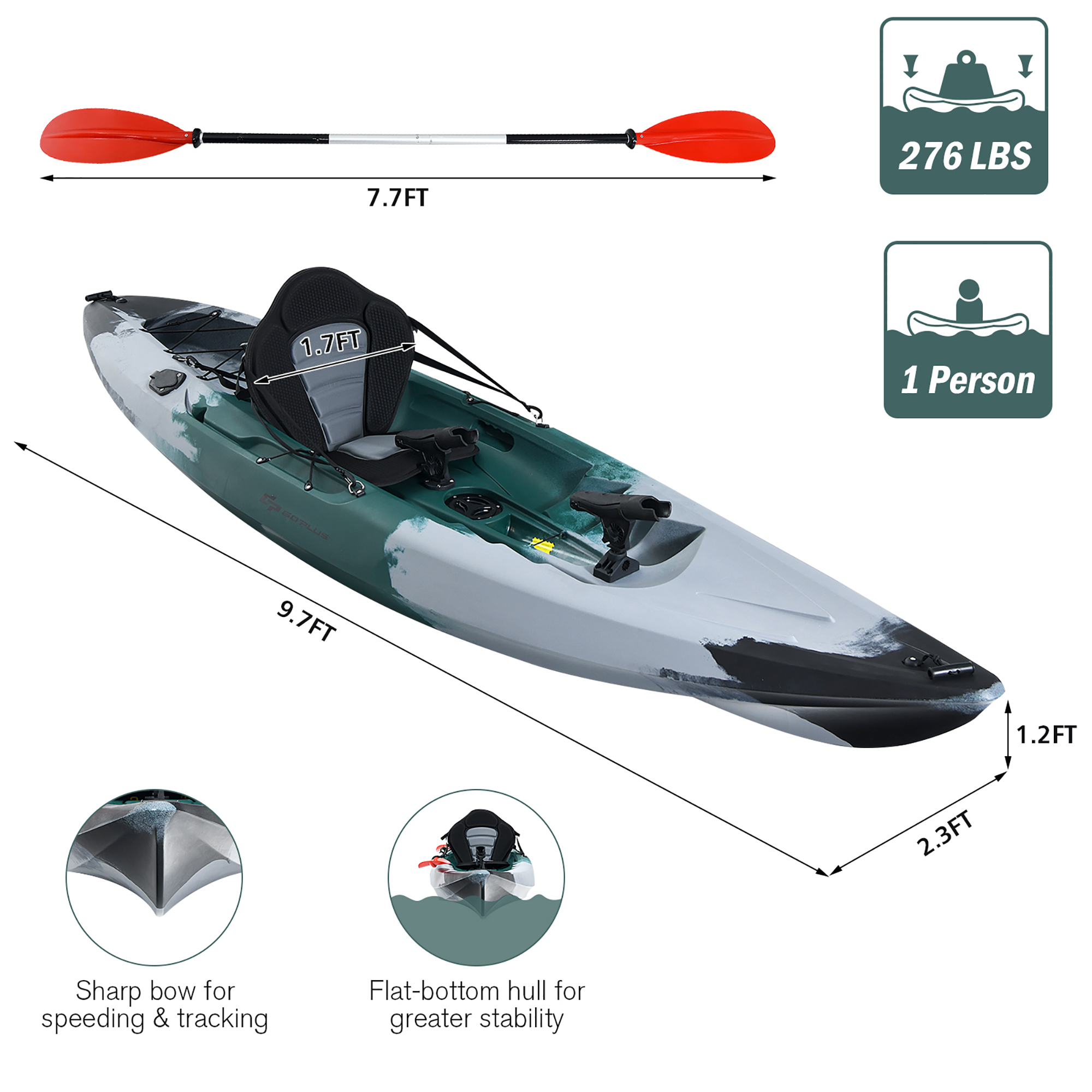 Costway Single Sit-on-Top Fishing Kayak Single Kayak Boat W/Fishing rod holders & Paddle
