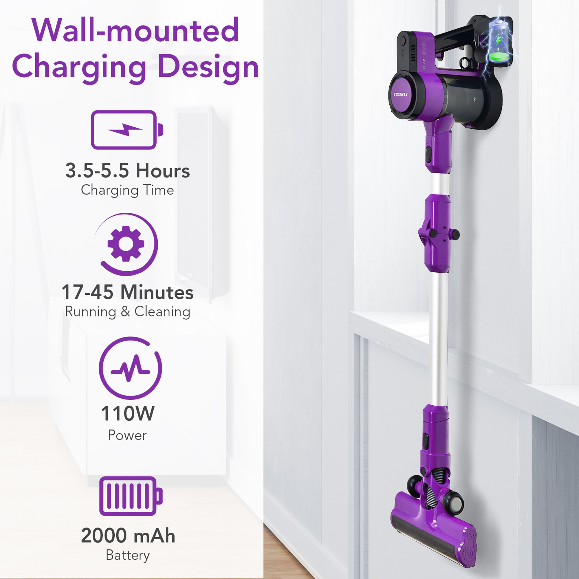 Costway Cordless Stick Vacuum Cleaner 3-in-1 Handheld Vacuum Cleaner Purple