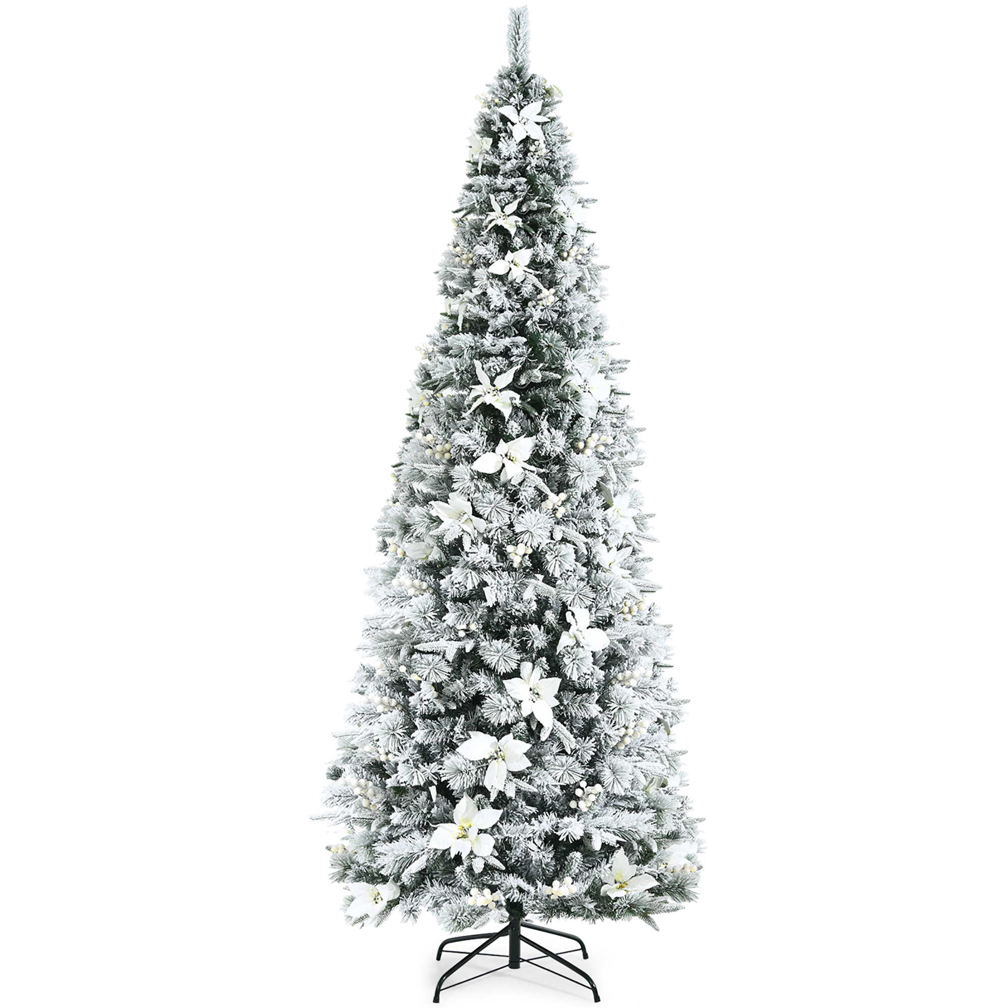 Costway 5ft/6ft/7ft/8ft Snow Flocked Christmas Pencil Tree w/ Berries & Poinsettia Flowers
