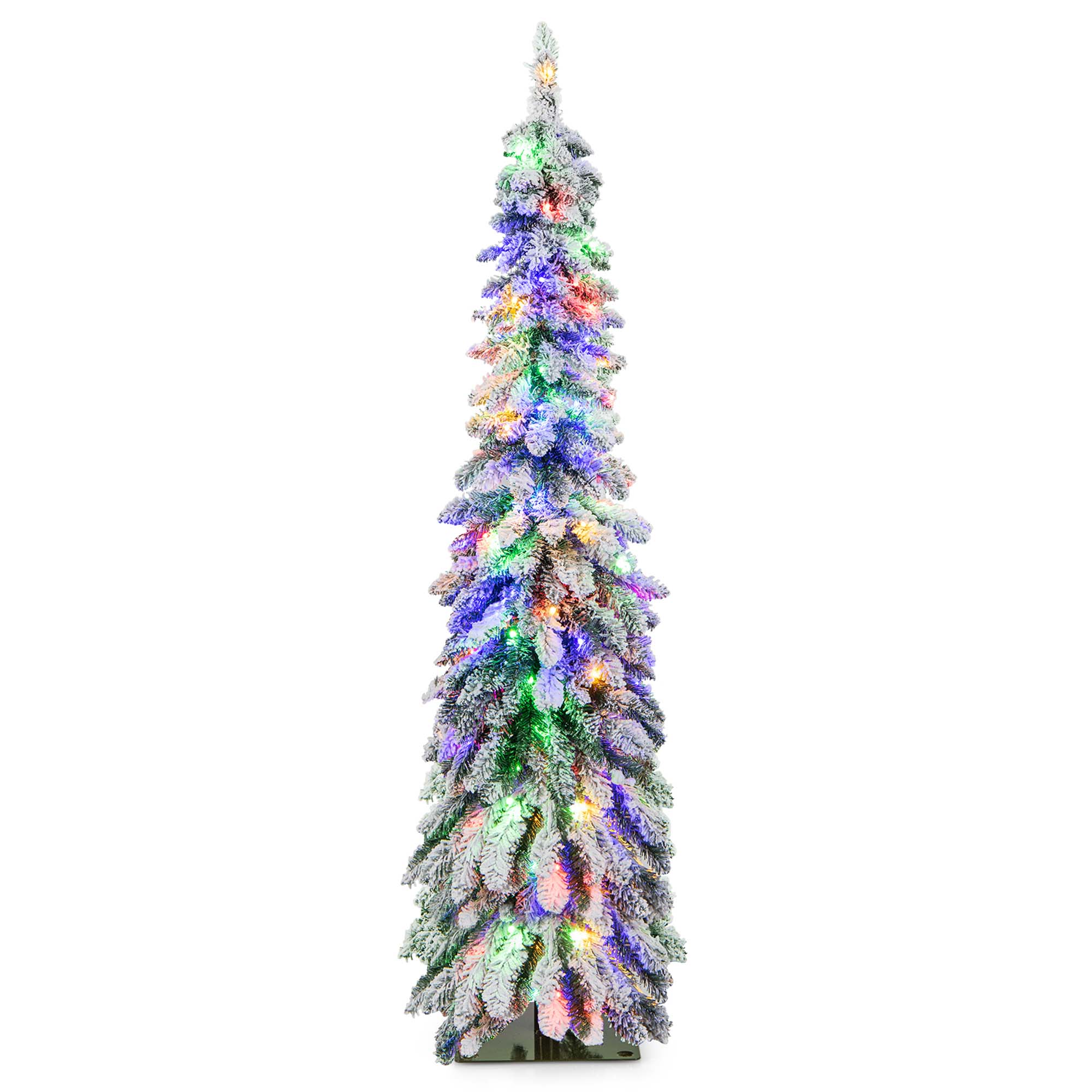 Costway 4 FT/5FT/6FT Pre-Lit Slim Christmas Tree Flocked Xmas Decoration 11 Modes 100 LED Lights