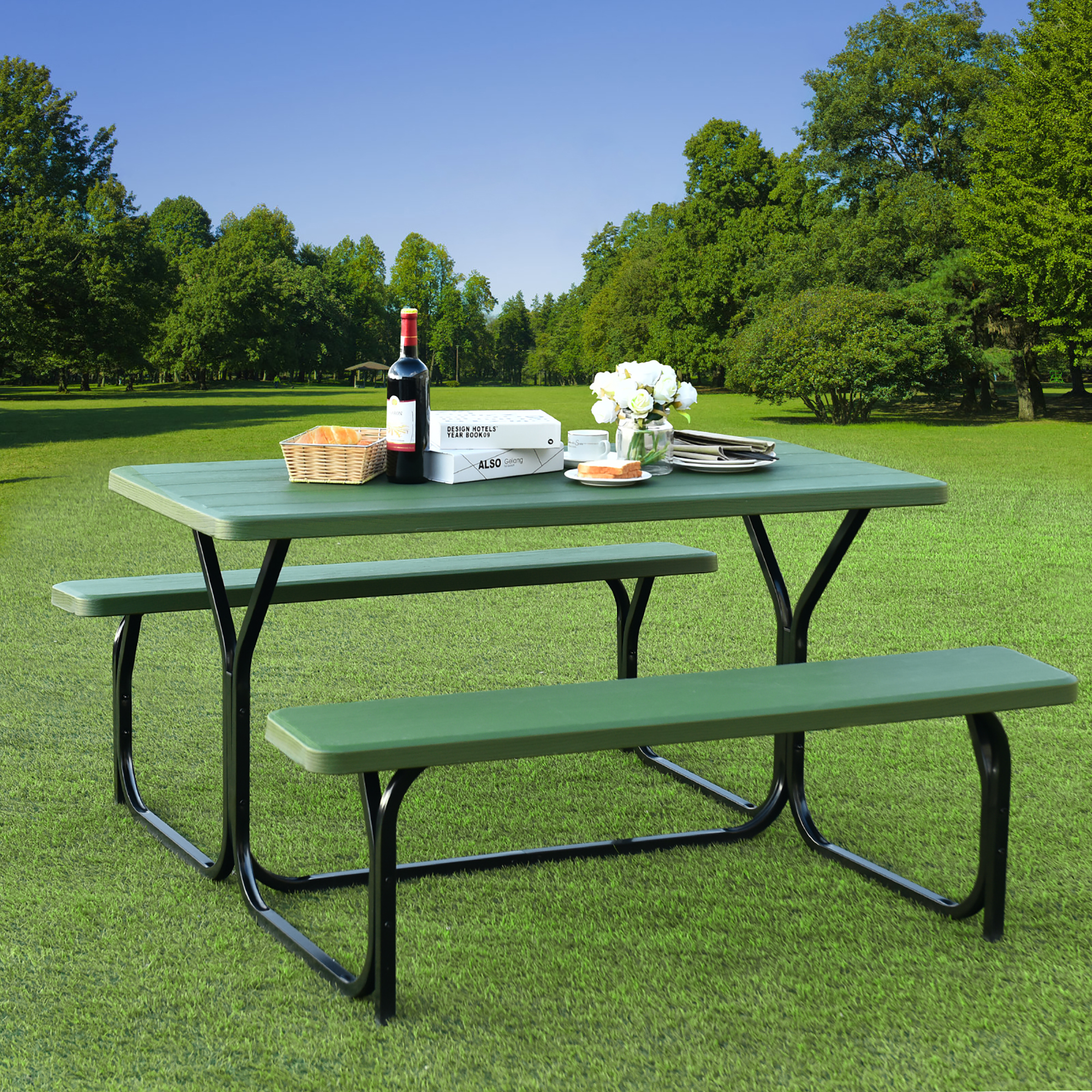 Costway Picnic Table Bench Set Outdoor Camping Backyard Garden Patio Party All Weather Gray/Green