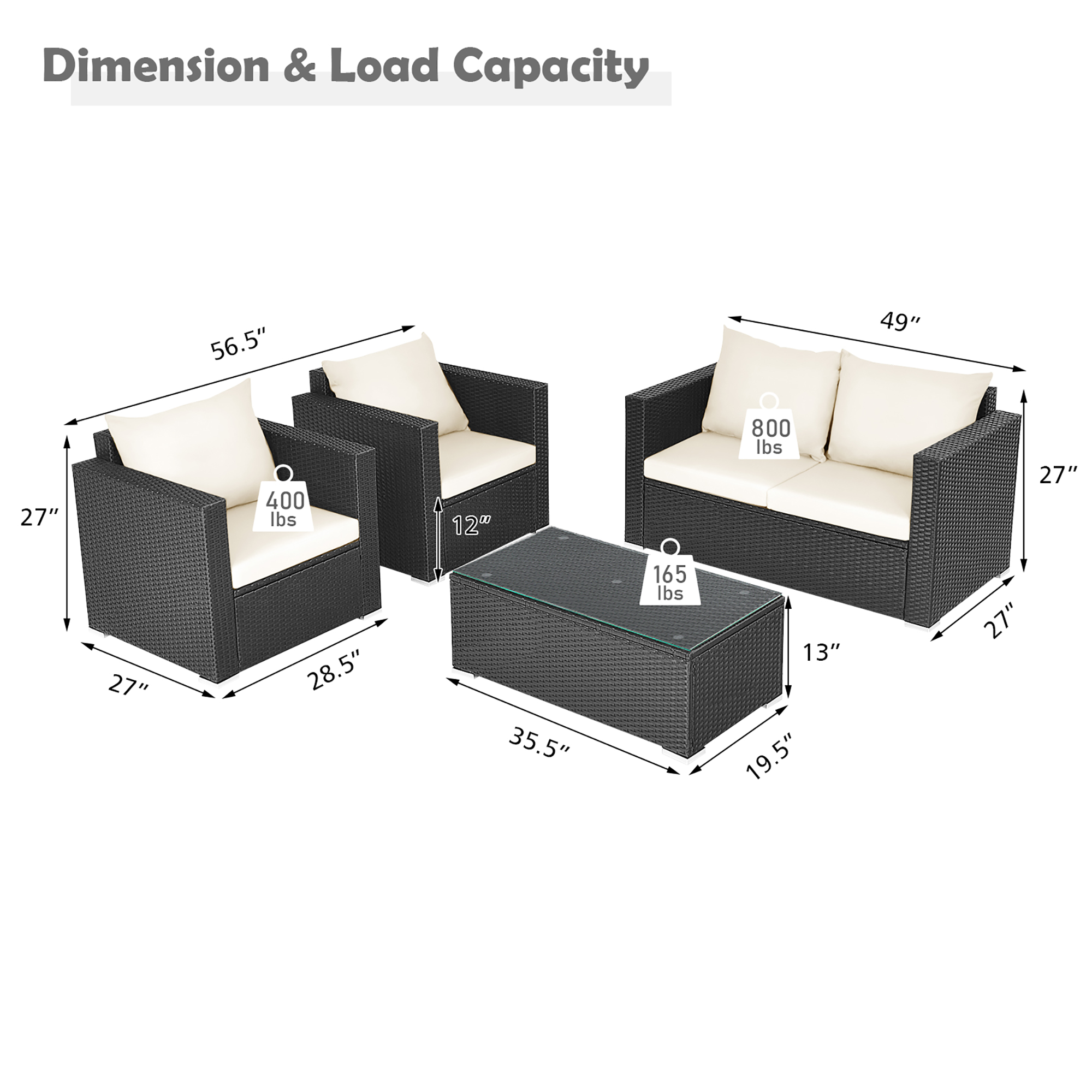 Costway 4PCS Patio Rattan Furniture Set Cushioned Sofa Chair Coffee Table Off White