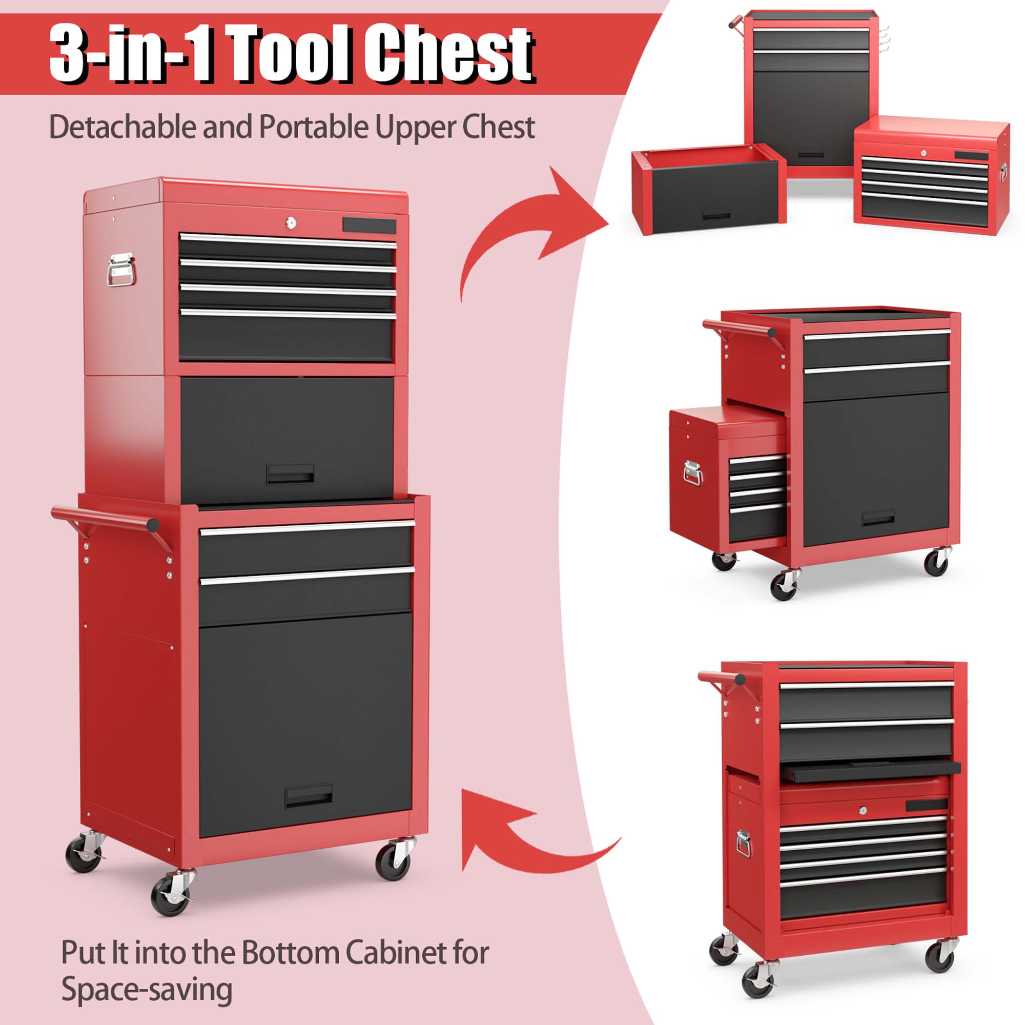 Costway High Capacity 6-Drawer Rolling Tool Chest Storage Cabinet Toolbox Combo with Riser