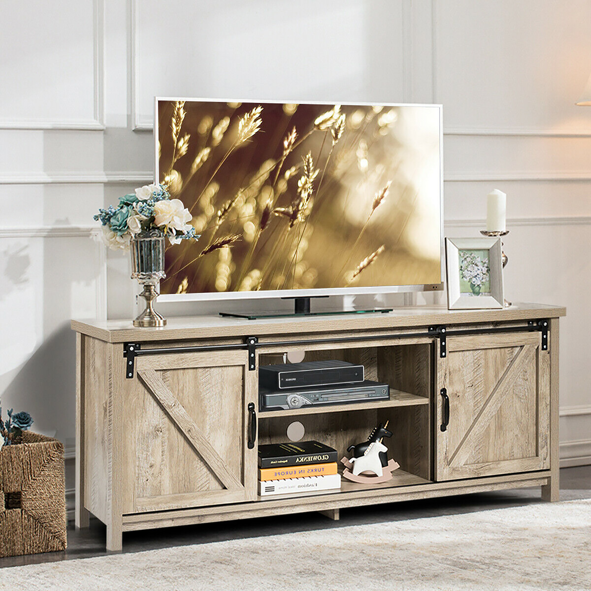 Costway TV Stand Media Center Console Cabinet Sliding Barn Door for TV's 60''