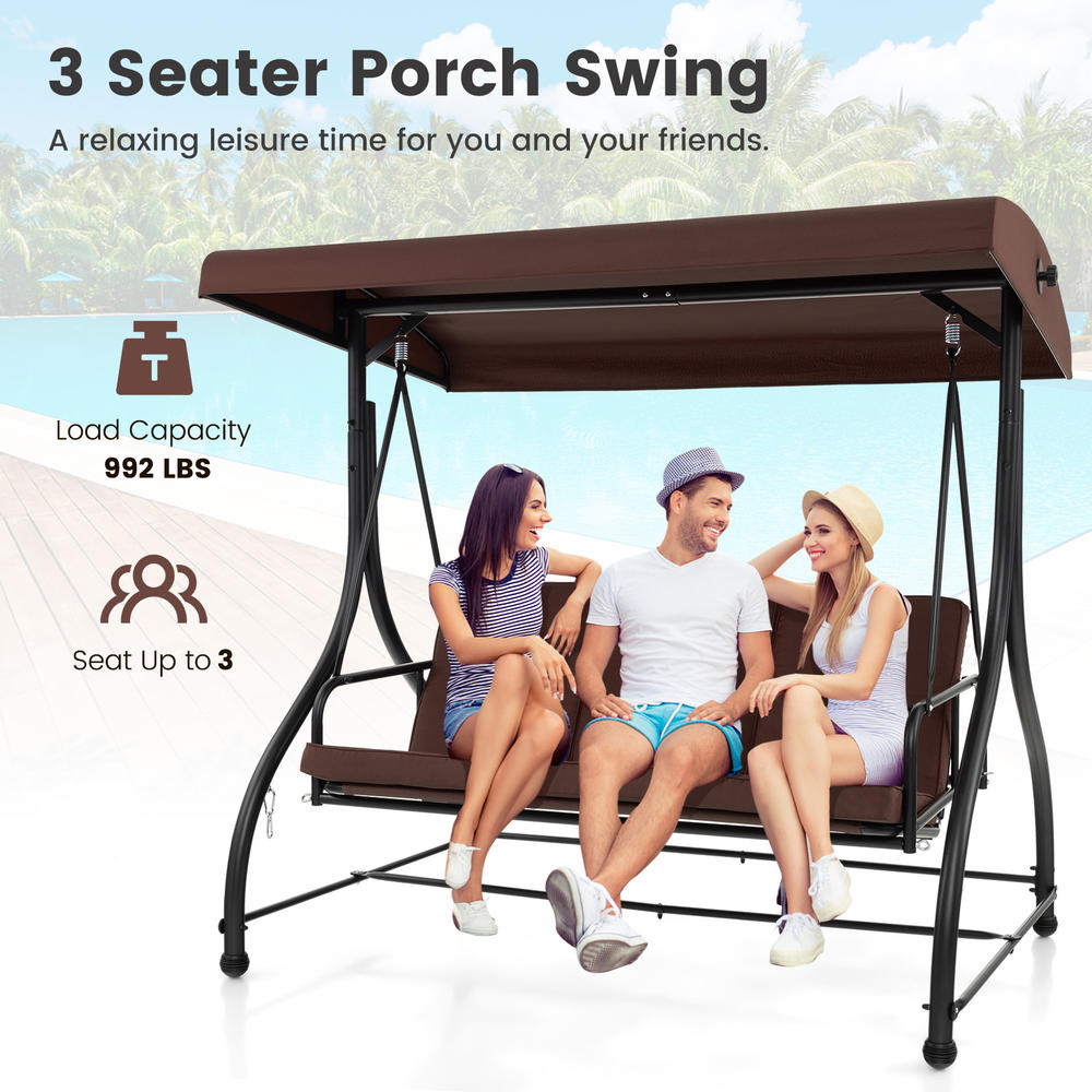 Costway 3-Seat Outdoor Converting Patio Swing Glider Adjustable Canopy Porch Swing Coffee/Black/Red