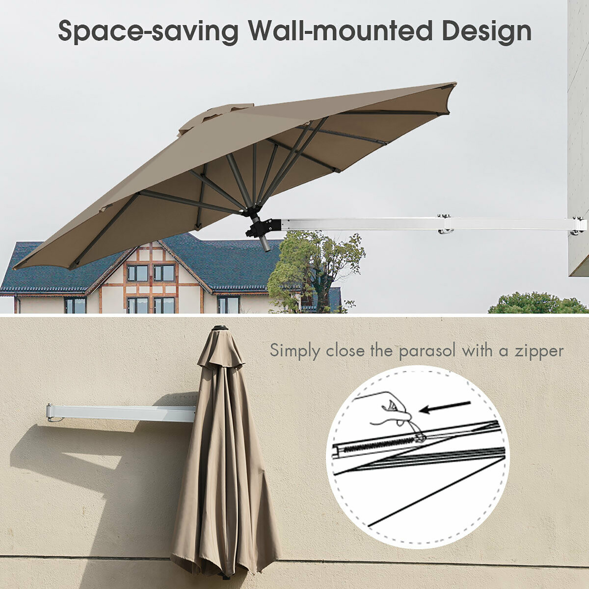 Costway 8ft Wall-Mounted Umbrella Telescopic Folding Tilt Sun Shade Tan\Turquoise