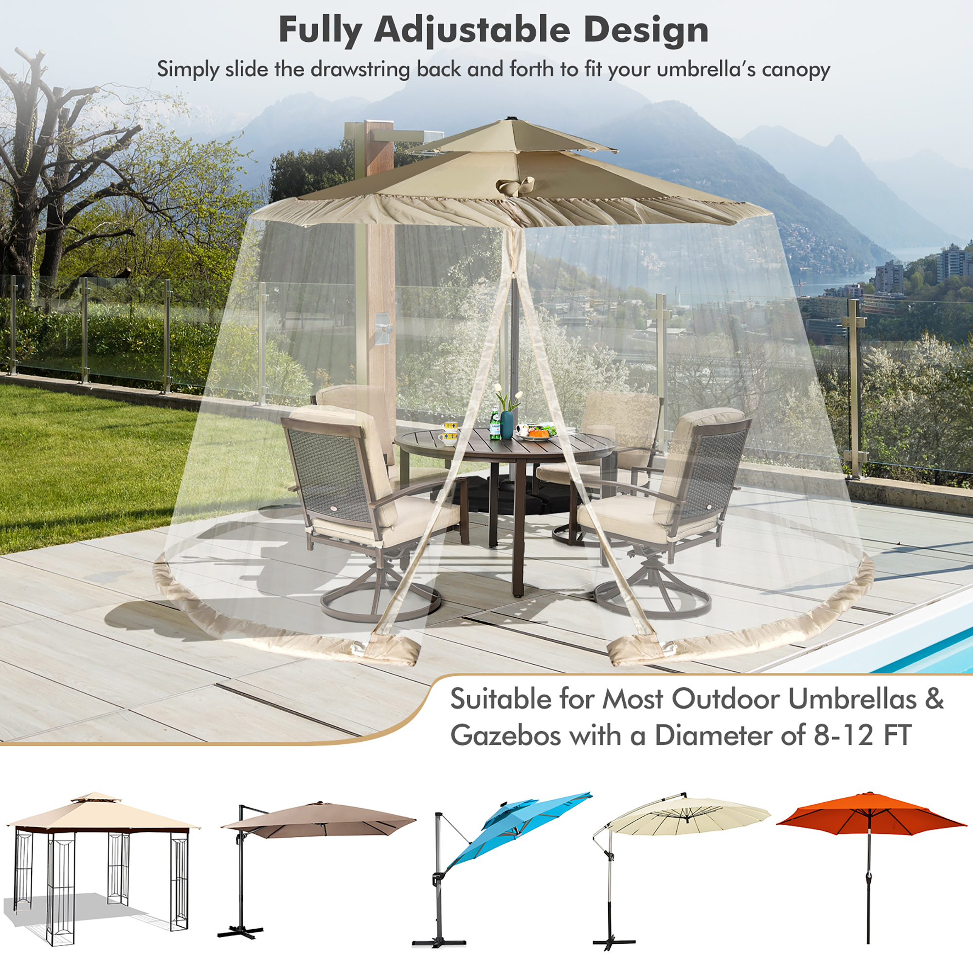 Costway 8-12 FT Patio Umbrella Table Mesh Screen Cover Mosquito Bug Insect Netting Beige\Black