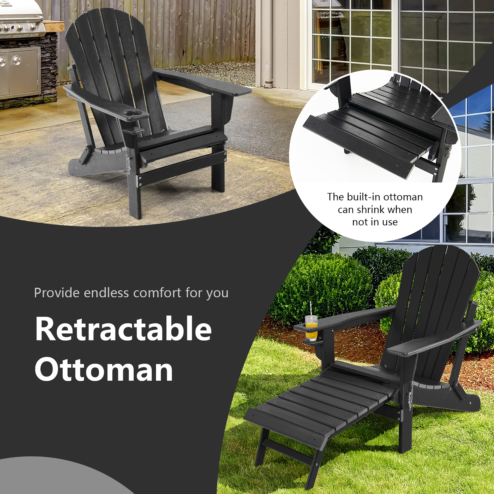 Costway Patio Folding Adirondack Chair HDPE All-Weather Pull-Out Ottoman White\Black\Coffee\Gray\Turquoise