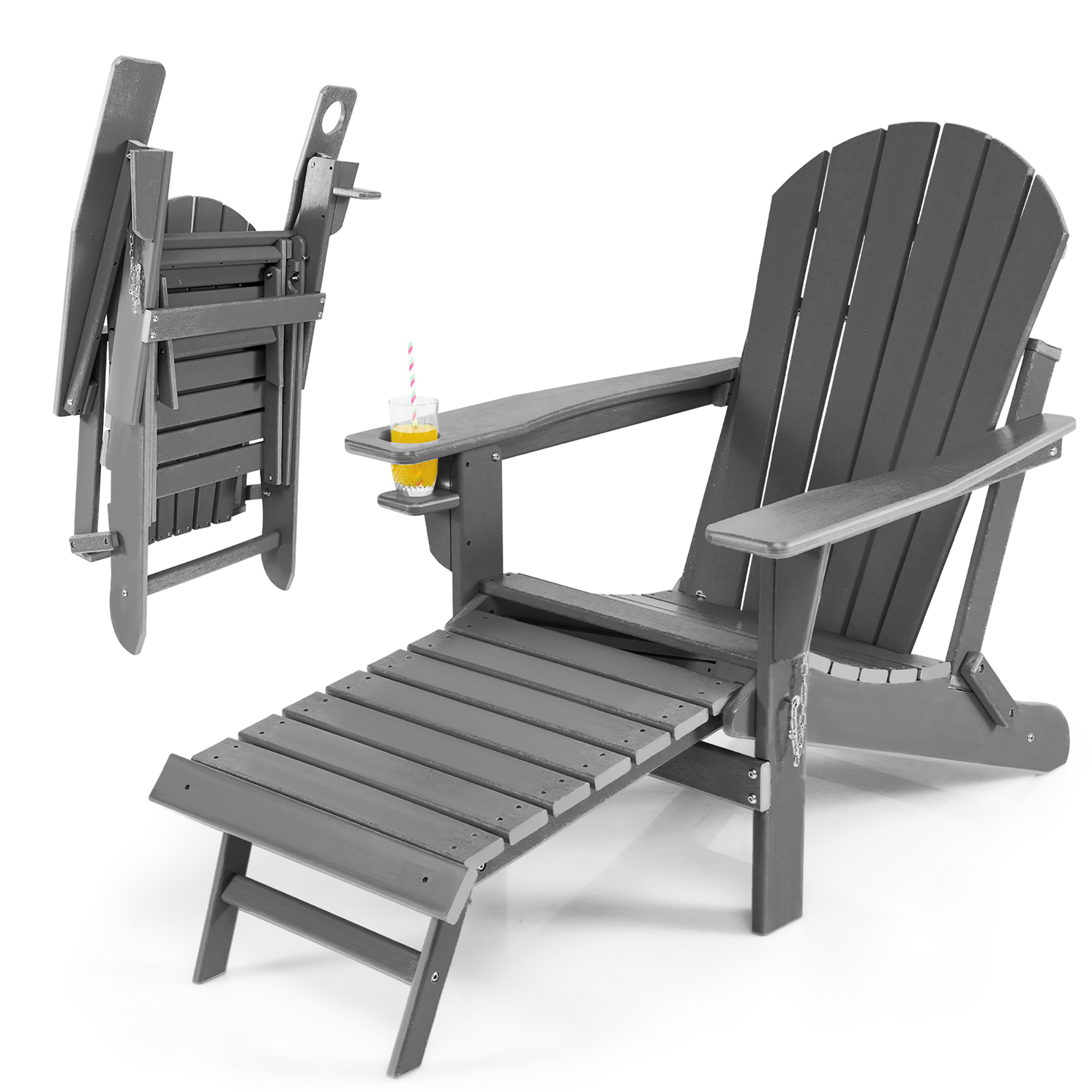 Costway Patio Folding Adirondack Chair HDPE All-Weather Pull-Out Ottoman White\Black\Coffee\Gray\Turquoise