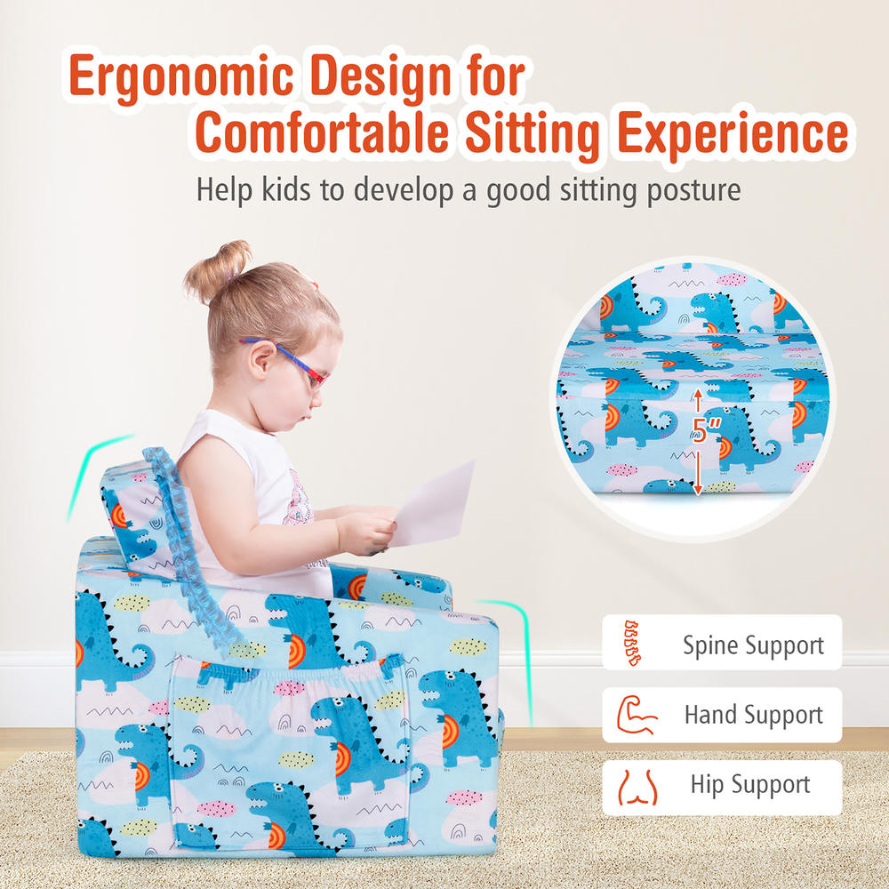 Costway 2-in-1 Convertible Kids Sofa to Lounger Flip-Out Chair w/Storage Pocket Blue