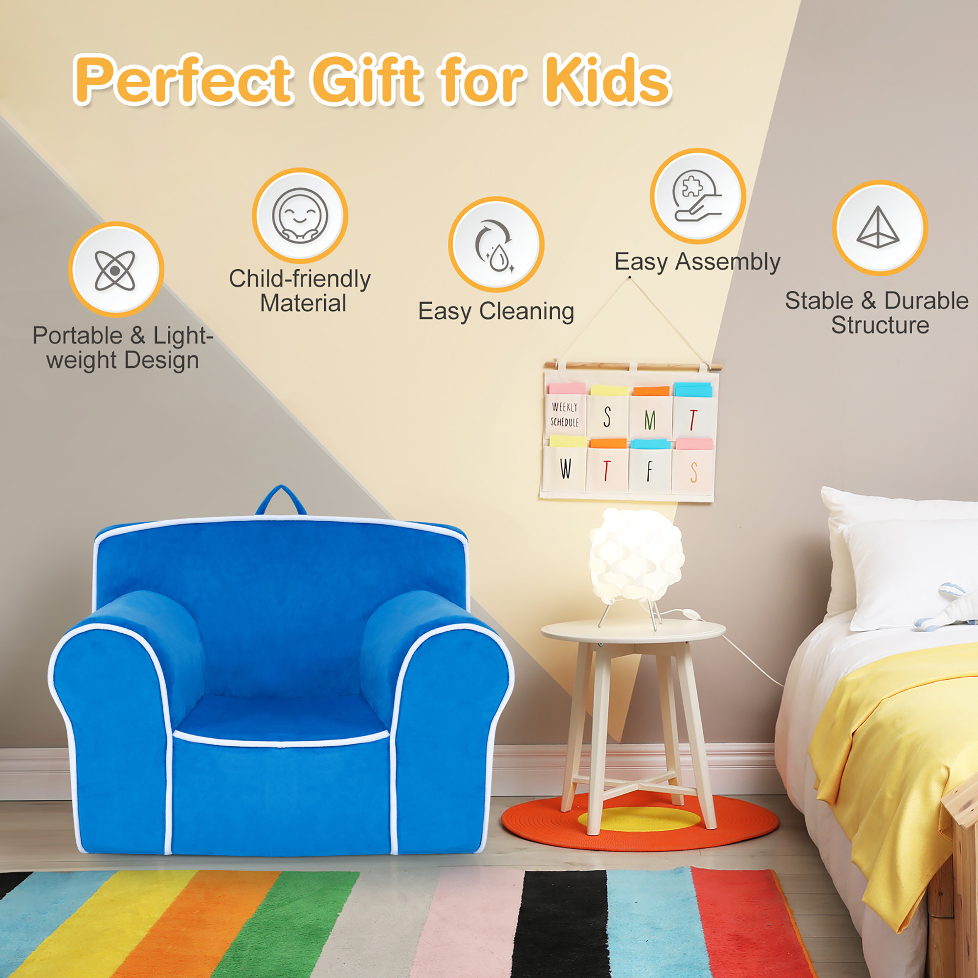 Costway Kids Sofa Toddler Foam Filled Armchair w/ Velvet Fabric Baby Perfect Gift Blue