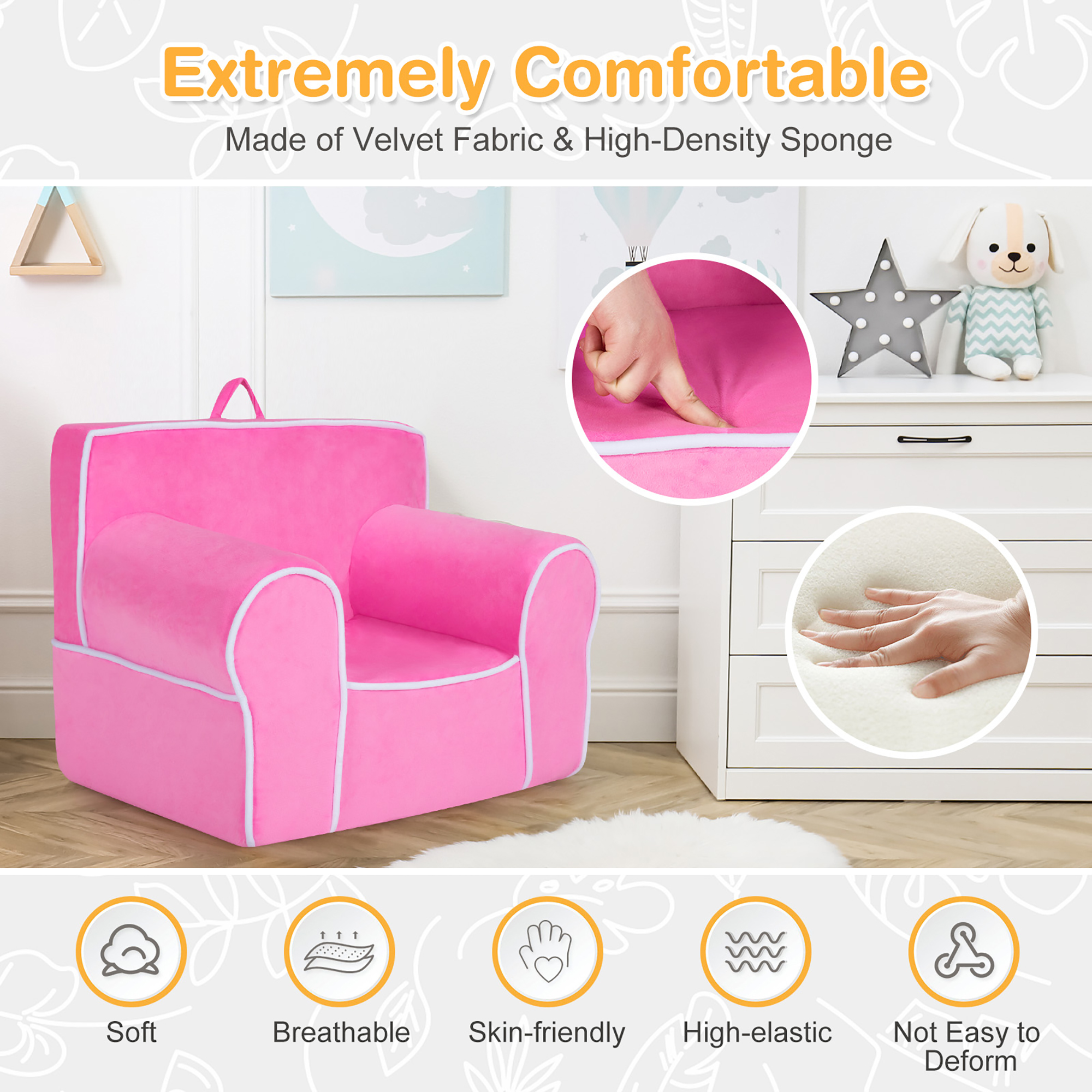 Costway Kids Sofa Toddler Foam Filled Armchair w/ Velvet Fabric Baby Perfect Gift Pink
