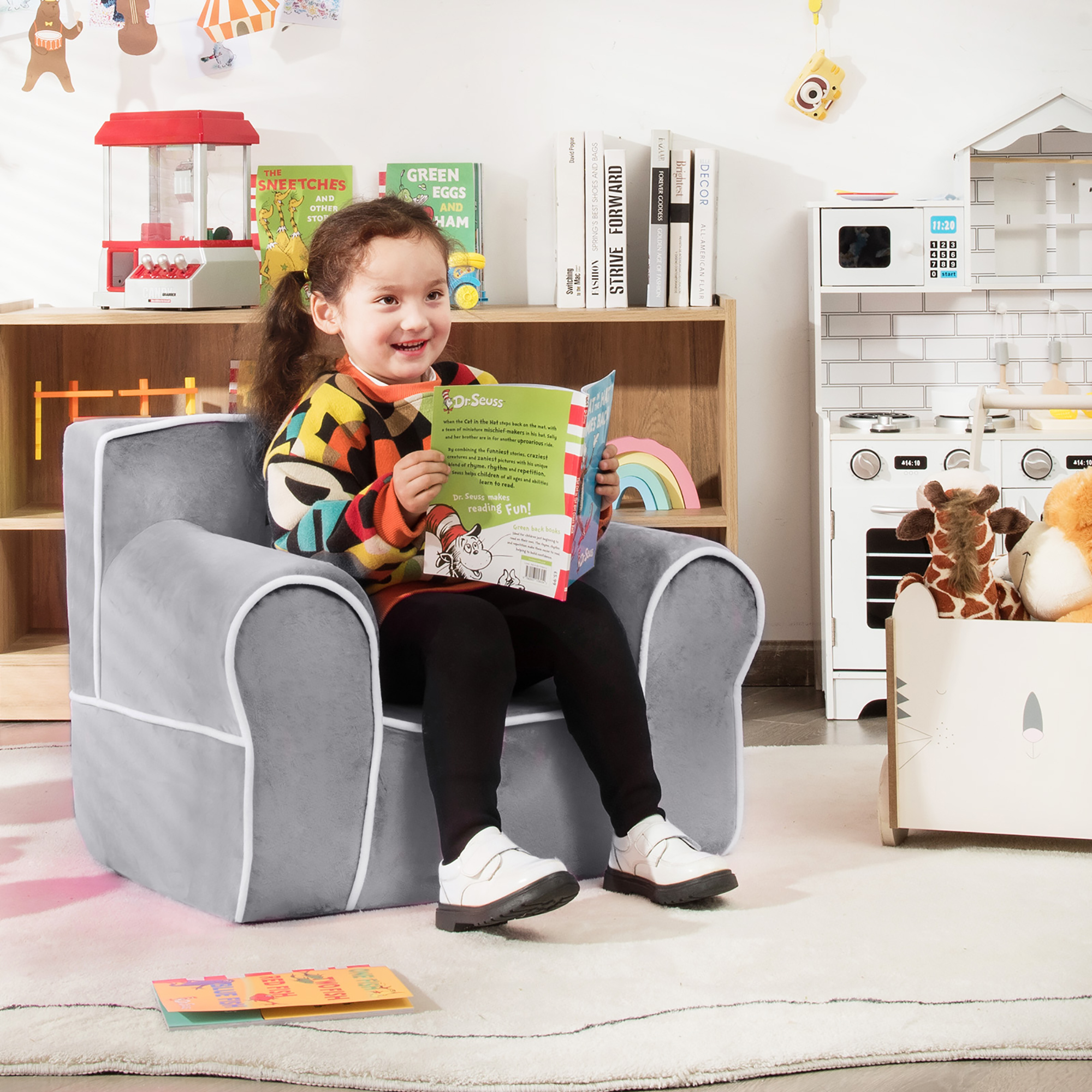 Costway Kids Sofa Toddler Foam Filled Armchair w/ Velvet Fabric Baby Perfect Gift Grey
