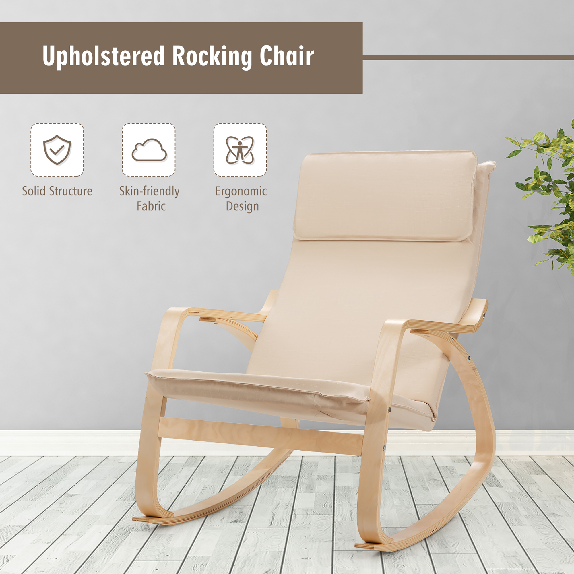 Costway Set of 2 Bentwood Rocking Chair Relax Rocker Lounge Chair w/Fabric Cushion Gray\ Beige